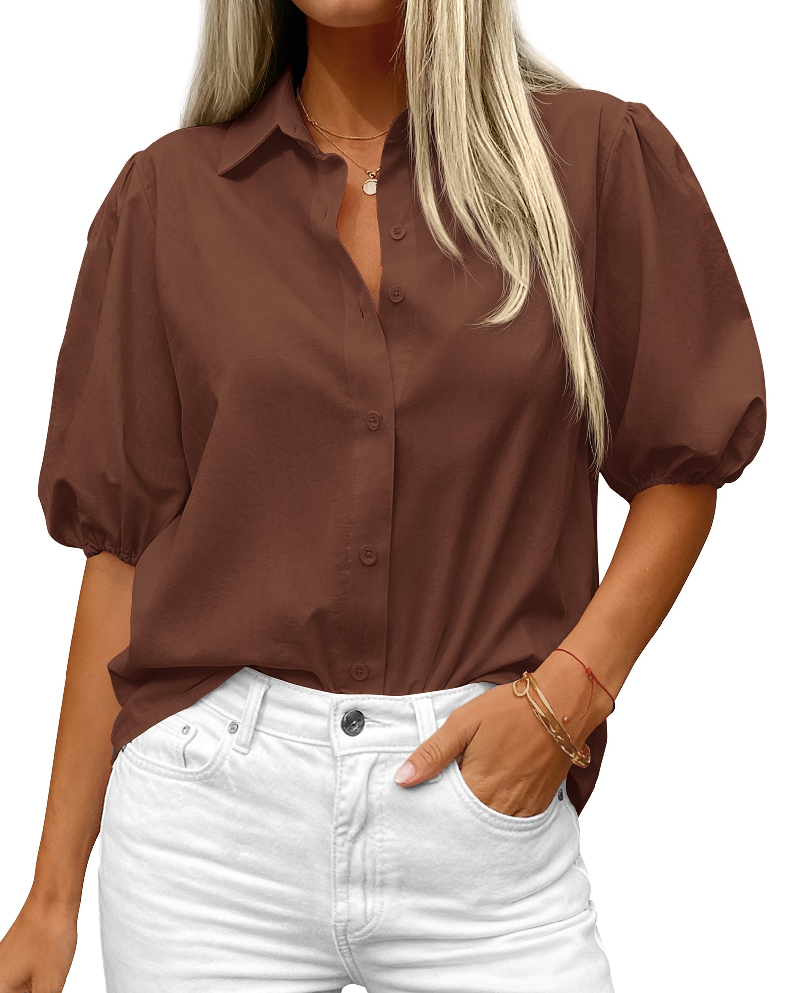 BTFBM Women's Button Down Shirts Short Puff Sleeve Collared V Neck 2026 Summer Tops Dressy Casual Work Business Blouses