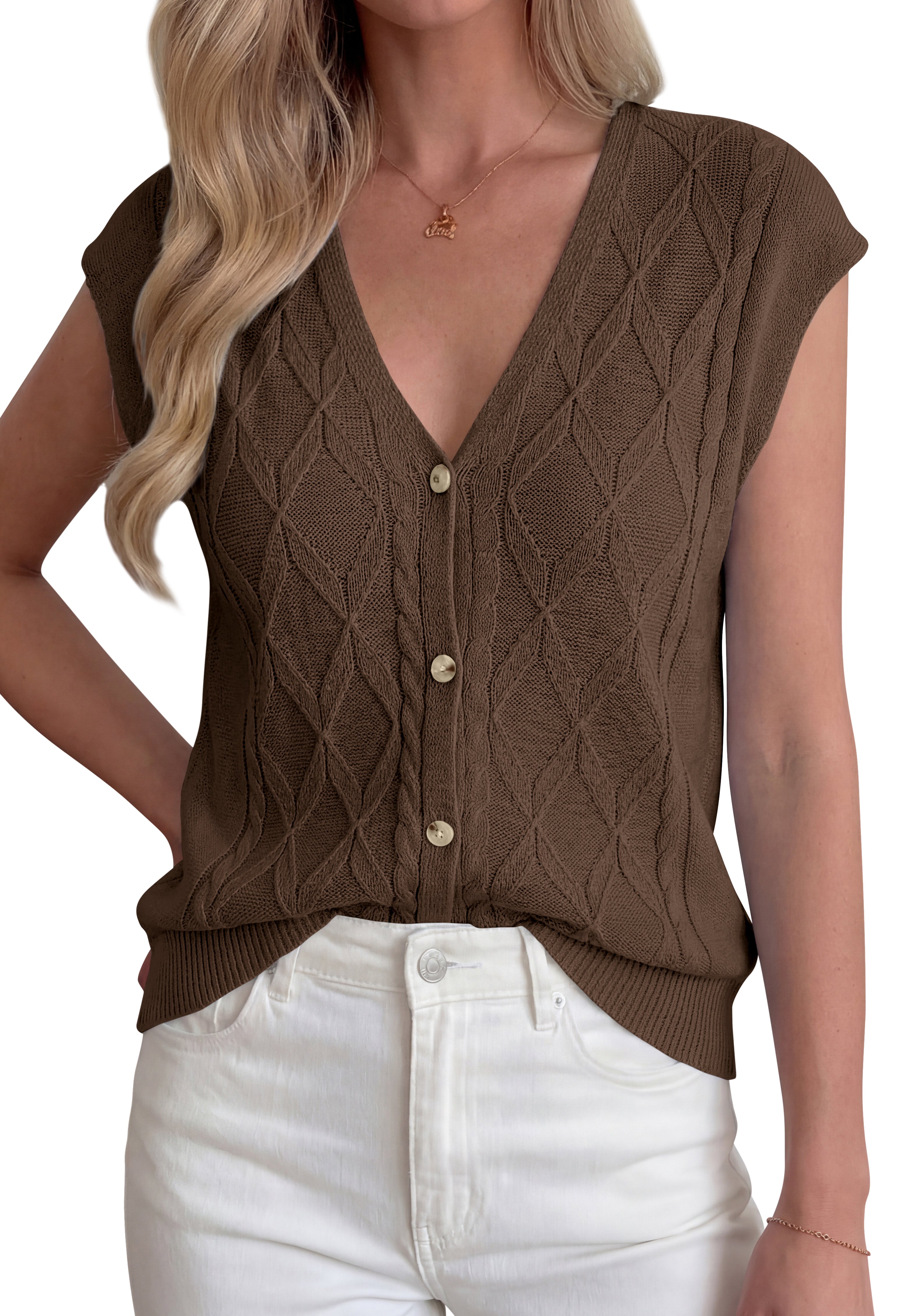 BTFBM Sweater Vest Women V Neck Cap Sleeve Button Down Knit Tops Spring Summer 2026 Casual Lightweight Cardigan Vests