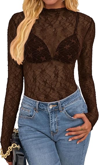 BTFBM Lace Tops for Women 2025 See Through Mesh Top Crew Neck Long Sleeve Fitted Sheer Party Club Outfits Fall Fashion