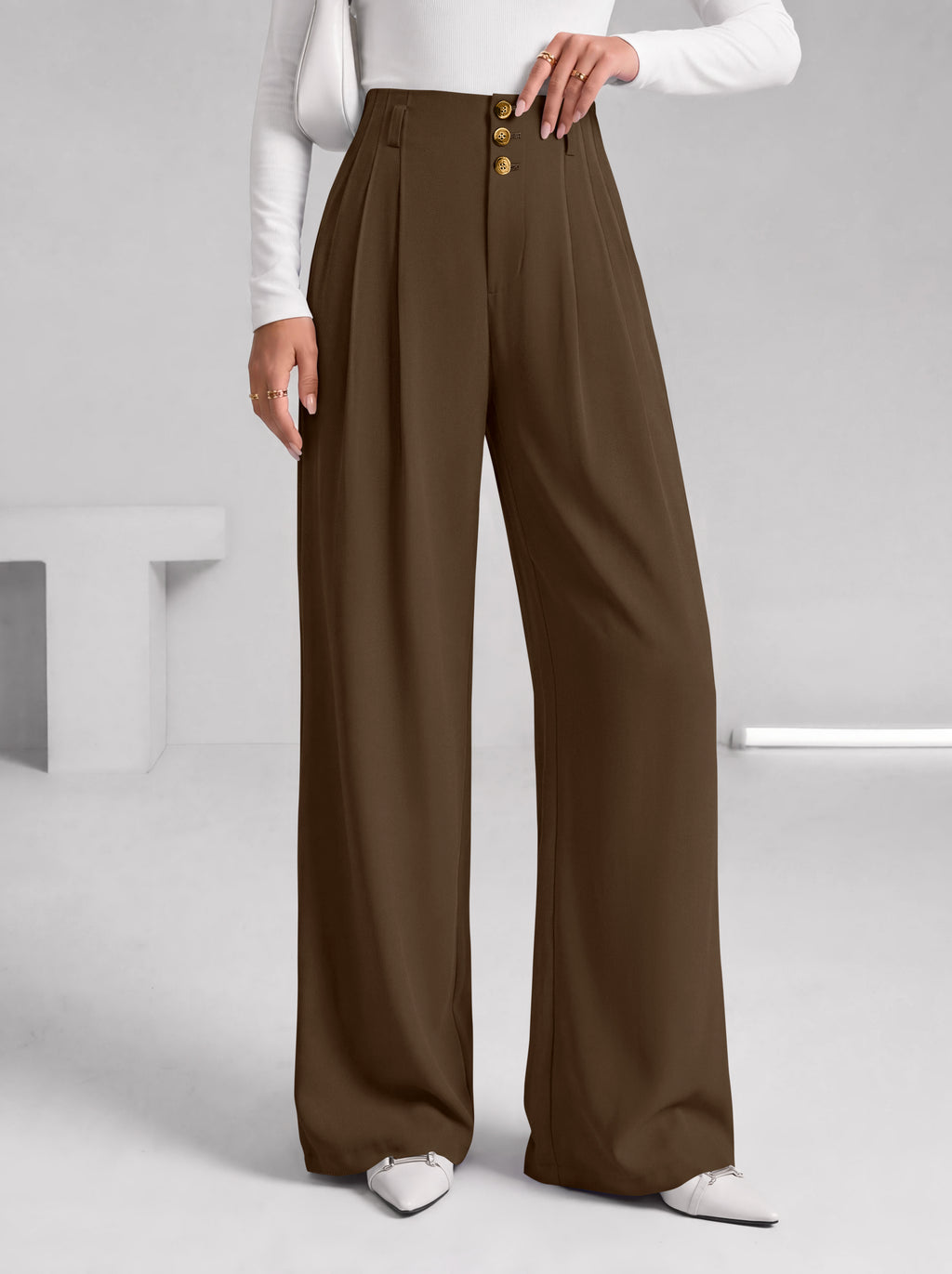 BTFBM Wide Leg Dress Pants Women Business Casual Outfits | Elastic High Waisted Palazzo Pants, Button Zip Up Closure, Pleated Office Work Trousers With Pockets, Fall Fashion 2026