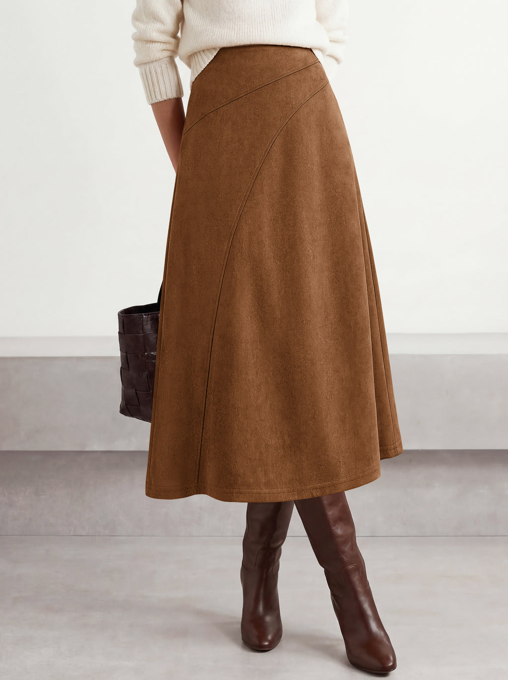 BTFBM Women Faux Suede Midi Long Skirt Fall Fashion 2026 | High Waisted Skirts For Women Trendy, Lightweight, Back Elastic, Arc Line Design, A-Line, Winter Dress, Boho Western Outfits
