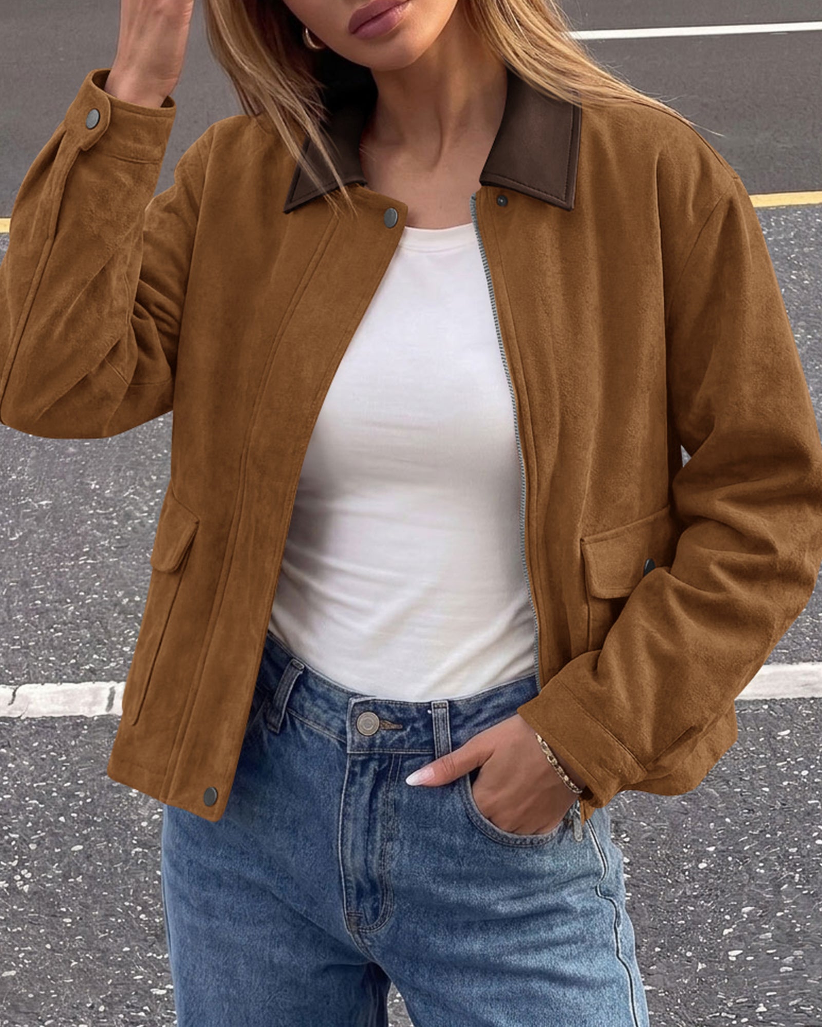 BTFBM Faux Suede Jacket Women Leather Lapel Zip Up Fall Outfits 2026