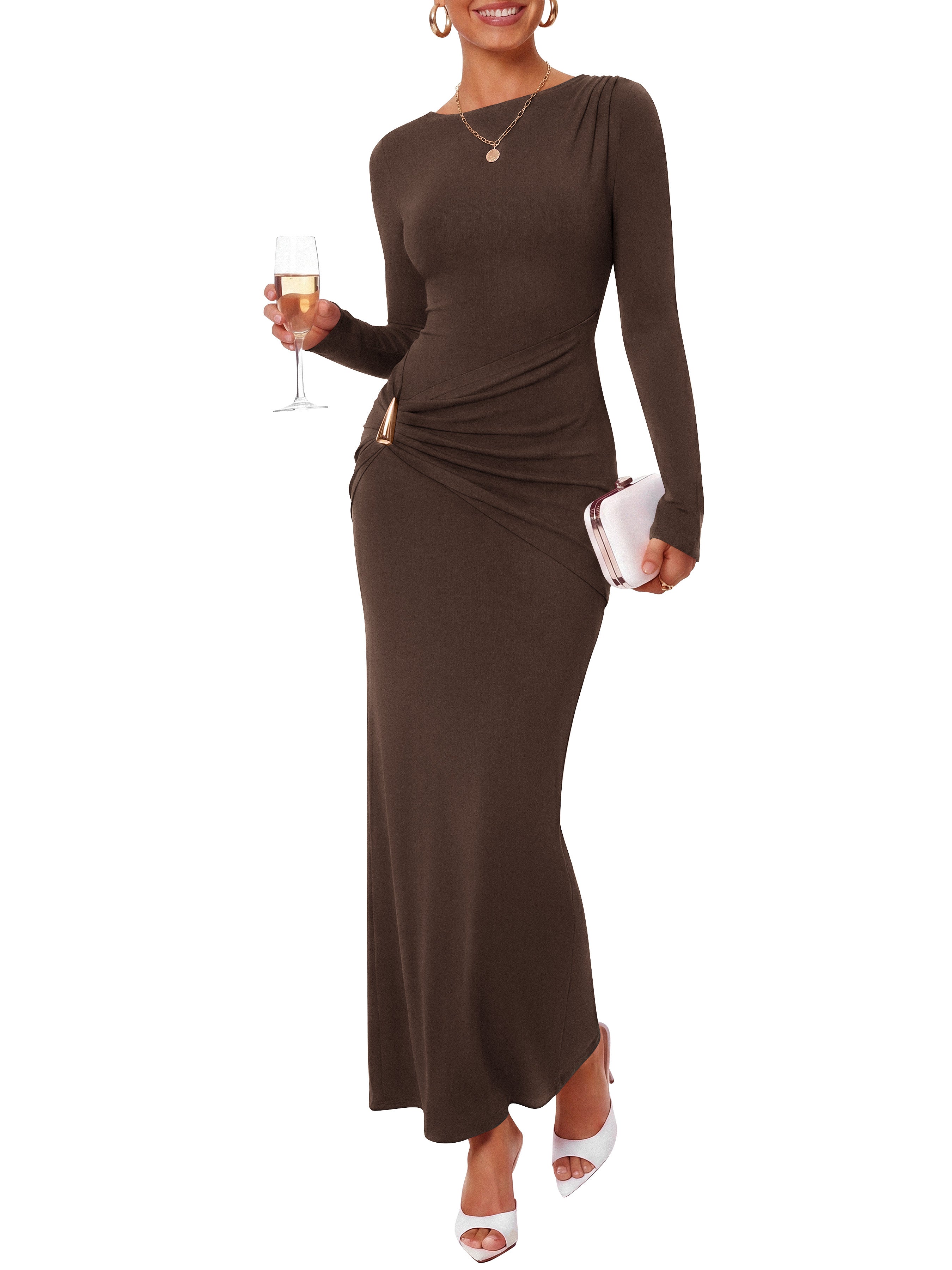 BTFBM Womens Long Sleeve Ruched Slit Maxi Wedding Guest Dress | Boat Neck, Bodycon, Semi Formal Dresses For Women Cocktail, Party, Homecoming, Date Night, Christmas, Holiday, Winter Outfits