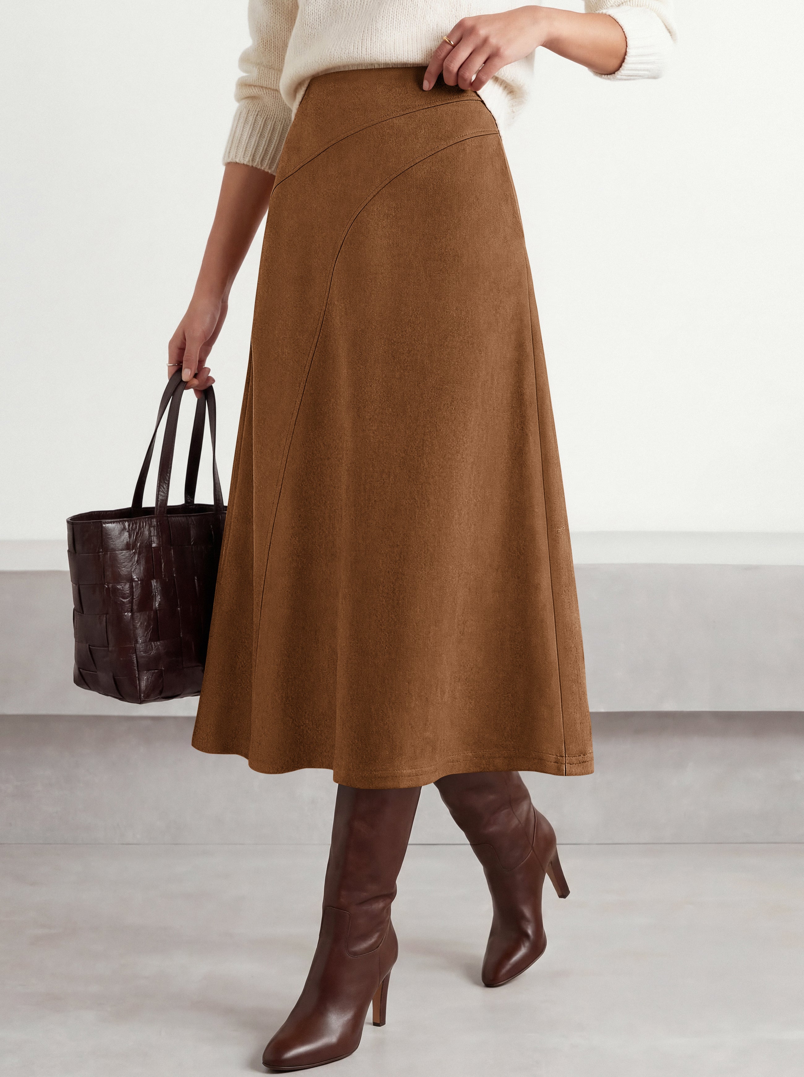 BTFBM Women Faux Suede Midi Long Skirt Fall Fashion 2026 | High Waisted Skirts For Women Trendy, Lightweight, Back Elastic, Arc Line Design, A-Line, Winter Dress, Boho Western Outfits