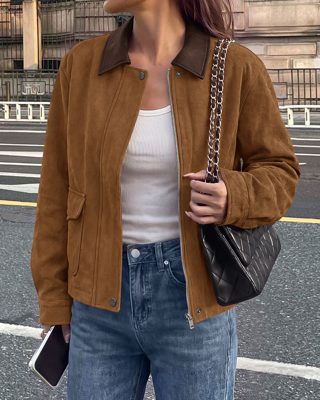 BTFBM Faux Suede Jacket Women Leather Lapel Zip Up Fall Outfits 2026