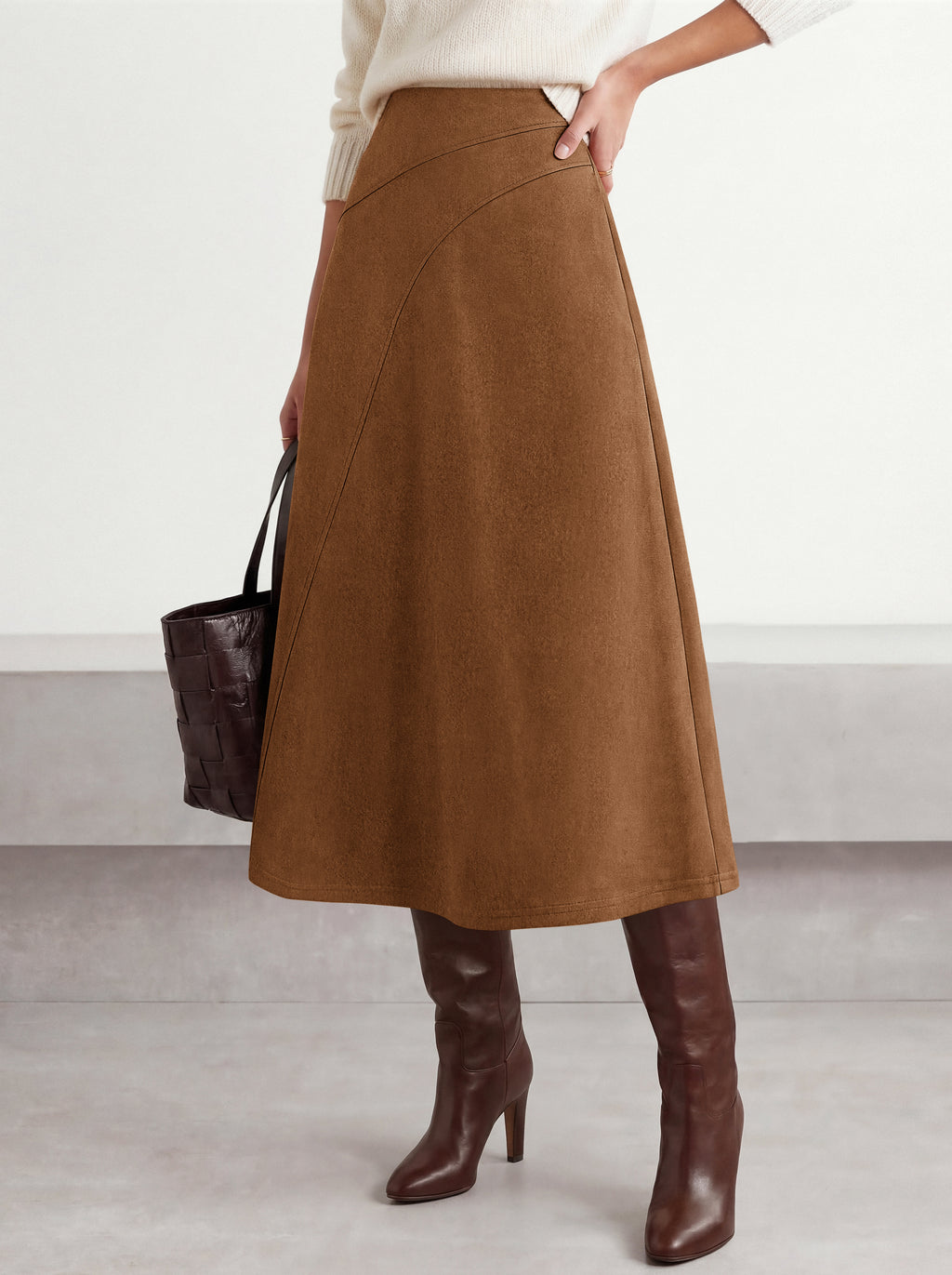 BTFBM Women Faux Suede Midi Long Skirt Fall Fashion 2026 | High Waisted Skirts For Women Trendy, Lightweight, Back Elastic, Arc Line Design, A-Line, Winter Dress, Boho Western Outfits