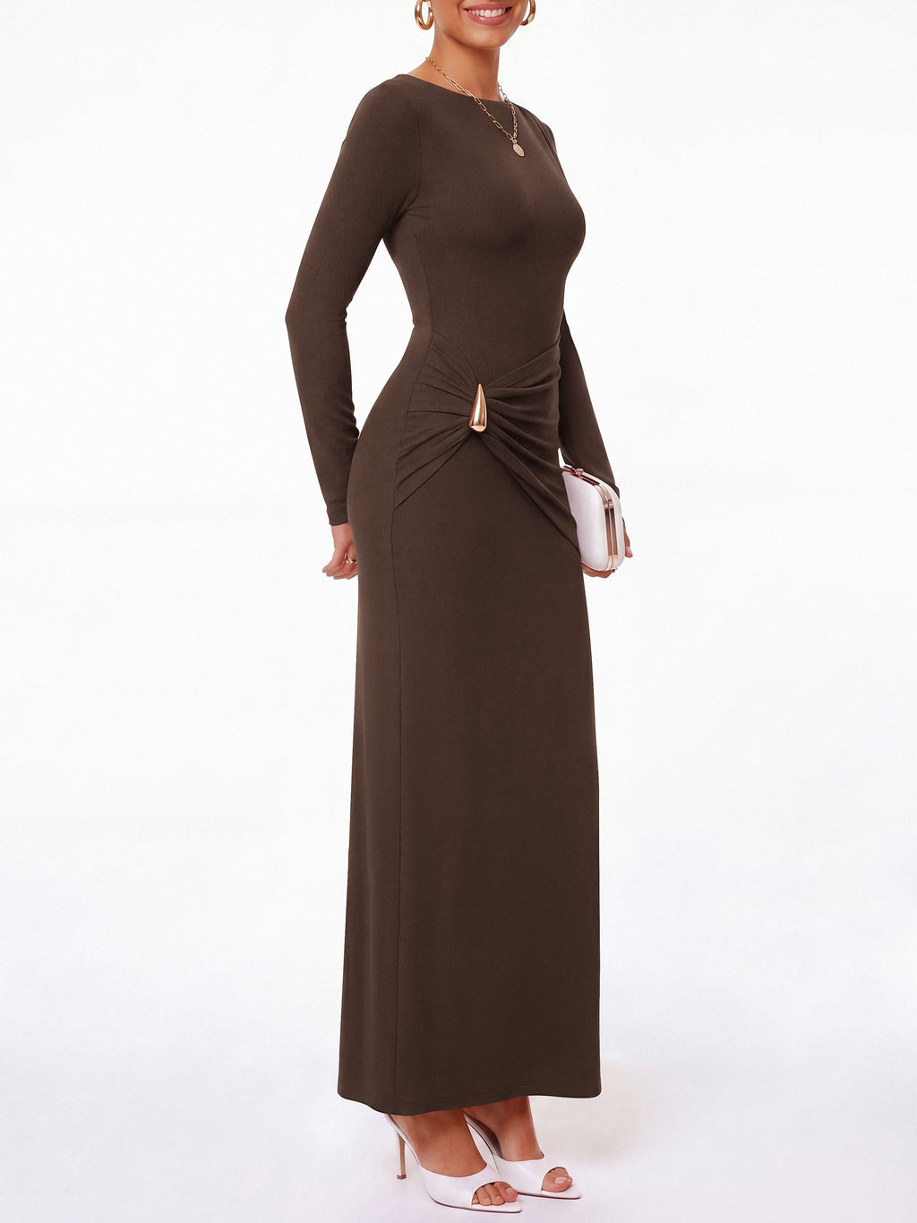 BTFBM Womens Long Sleeve Ruched Slit Maxi Wedding Guest Dress | Boat Neck, Bodycon, Semi Formal Dresses For Women Cocktail, Party, Homecoming, Date Night, Christmas, Holiday, Winter Outfits