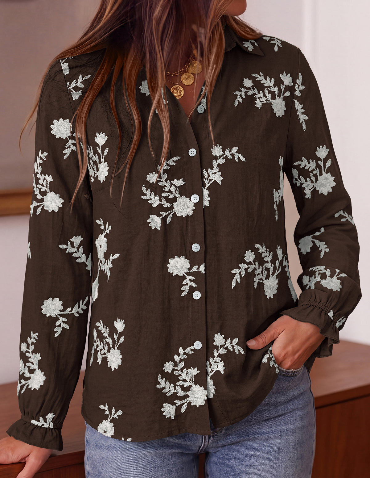BTFBM Boho Floral Embroidered Long Sleeve Blouses for Women Dressy Casual