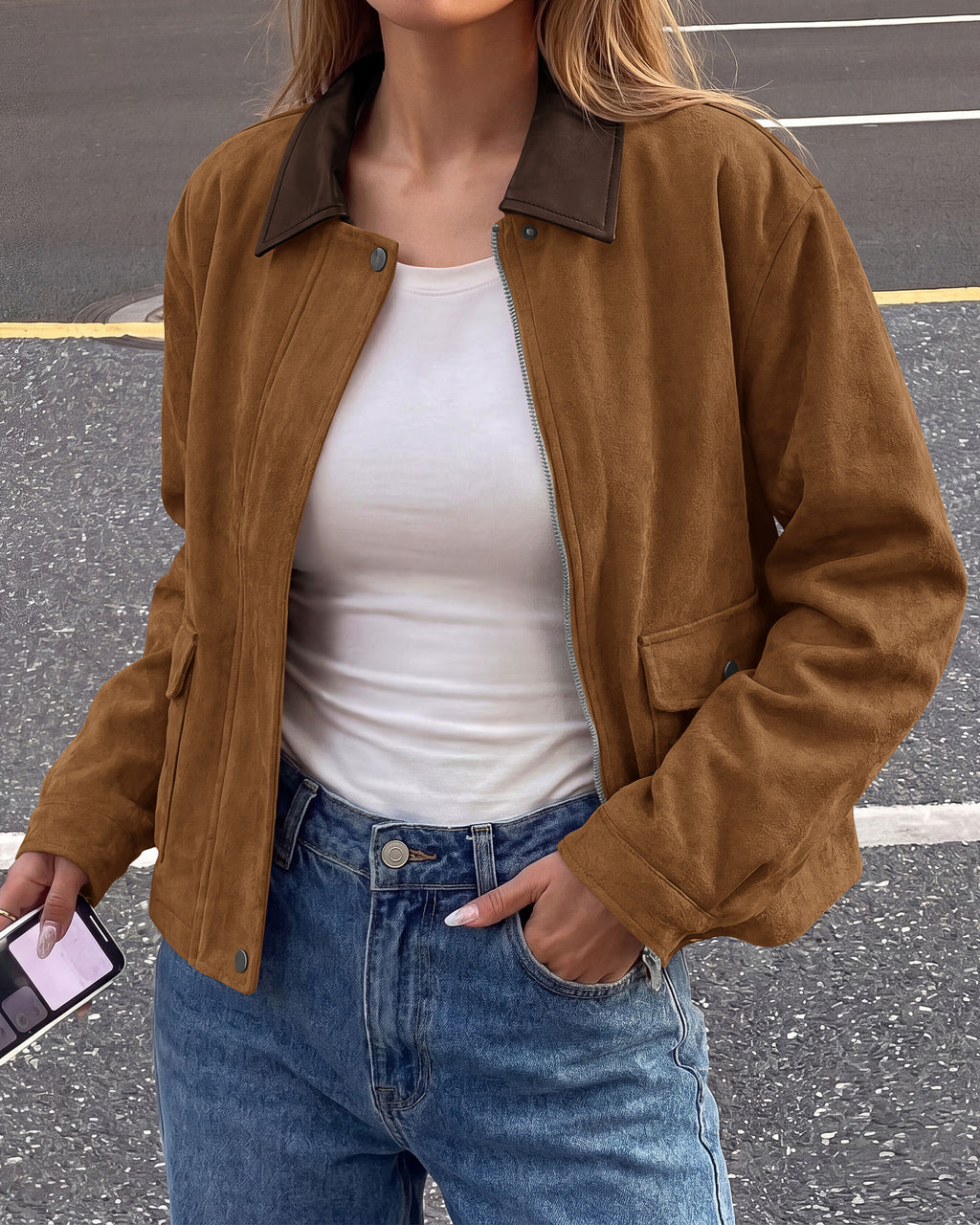 BTFBM Faux Suede Jacket Women Leather Lapel Zip Up Fall Outfits 2026