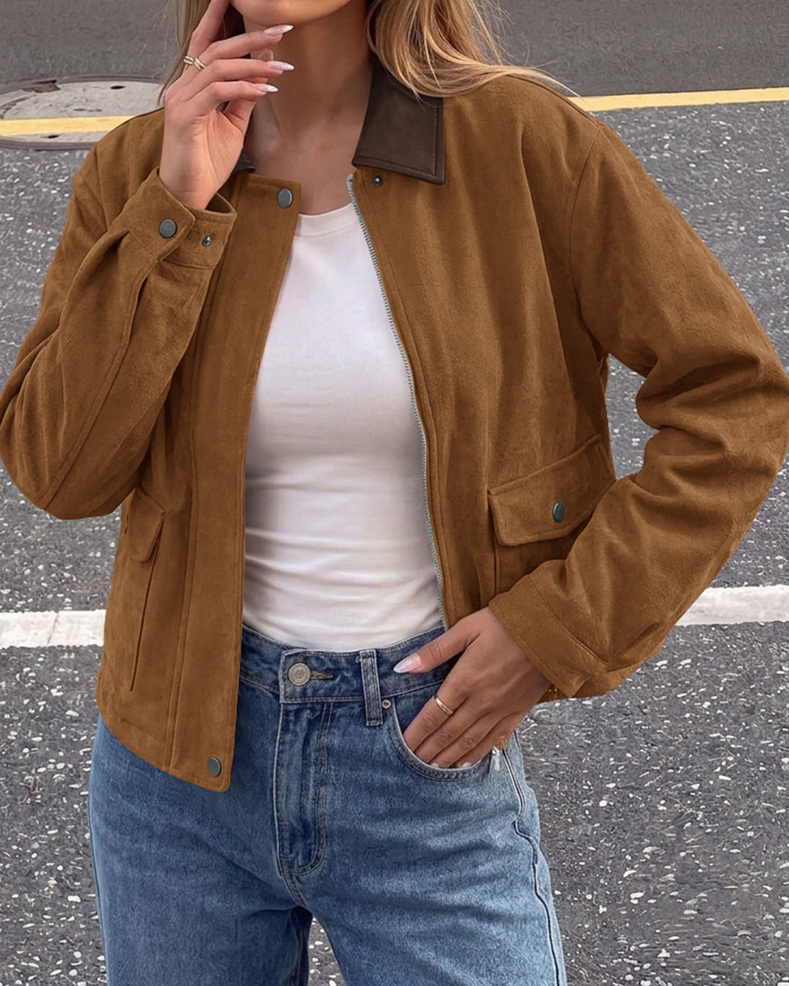 BTFBM Faux Suede Jacket Women Leather Lapel Zip Up Fall Outfits 2026