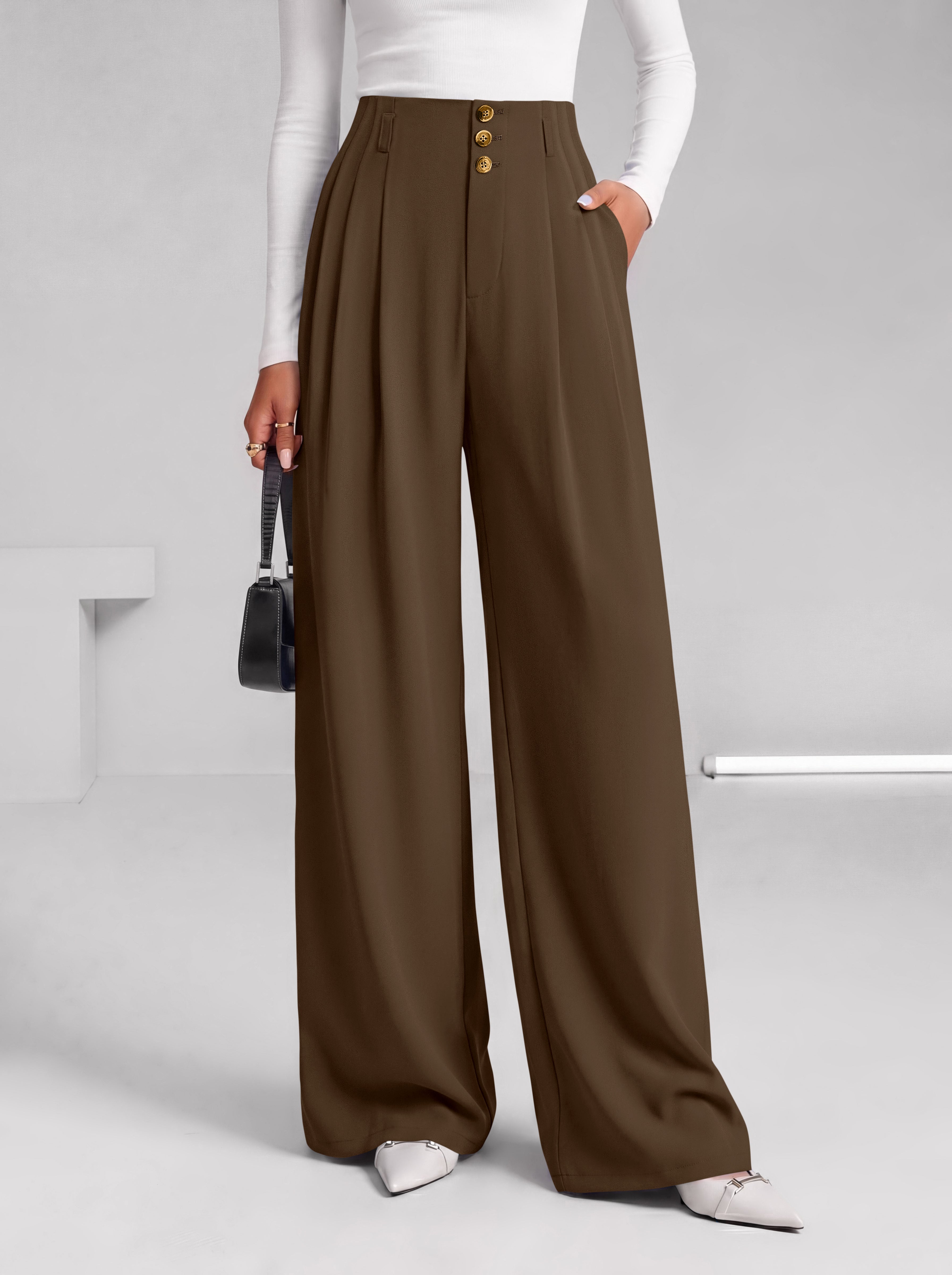 BTFBM Wide Leg Dress Pants Women Business Casual Outfits | Elastic High Waisted Palazzo Pants, Button Zip Up Closure, Pleated Office Work Trousers With Pockets, Fall Fashion 2026