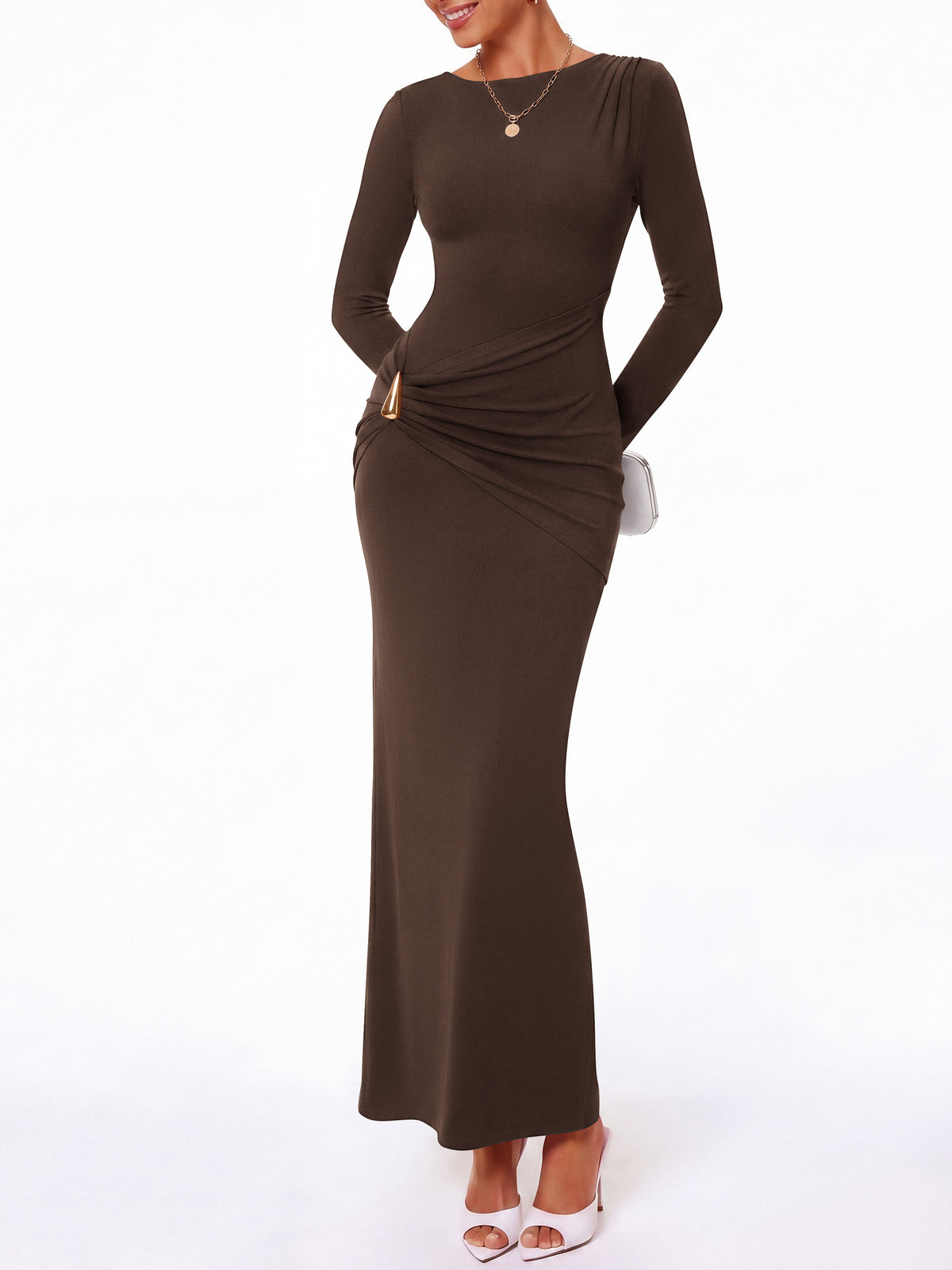 BTFBM Womens Long Sleeve Ruched Slit Maxi Wedding Guest Dress | Boat Neck, Bodycon, Semi Formal Dresses For Women Cocktail, Party, Homecoming, Date Night, Christmas, Holiday, Winter Outfits