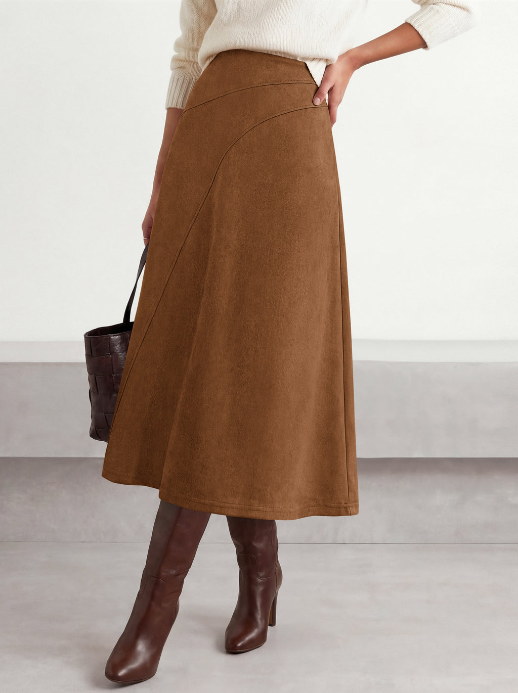 BTFBM Women Faux Suede Midi Long Skirt Fall Fashion 2026 | High Waisted Skirts For Women Trendy, Lightweight, Back Elastic, Arc Line Design, A-Line, Winter Dress, Boho Western Outfits