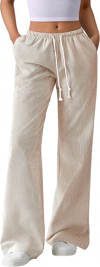BTFBM Striped Wide Leg Pants for Women Spring Summer 2026 Drawstring Lounge PJ Beach Bottoms Casual Trousers Pockets