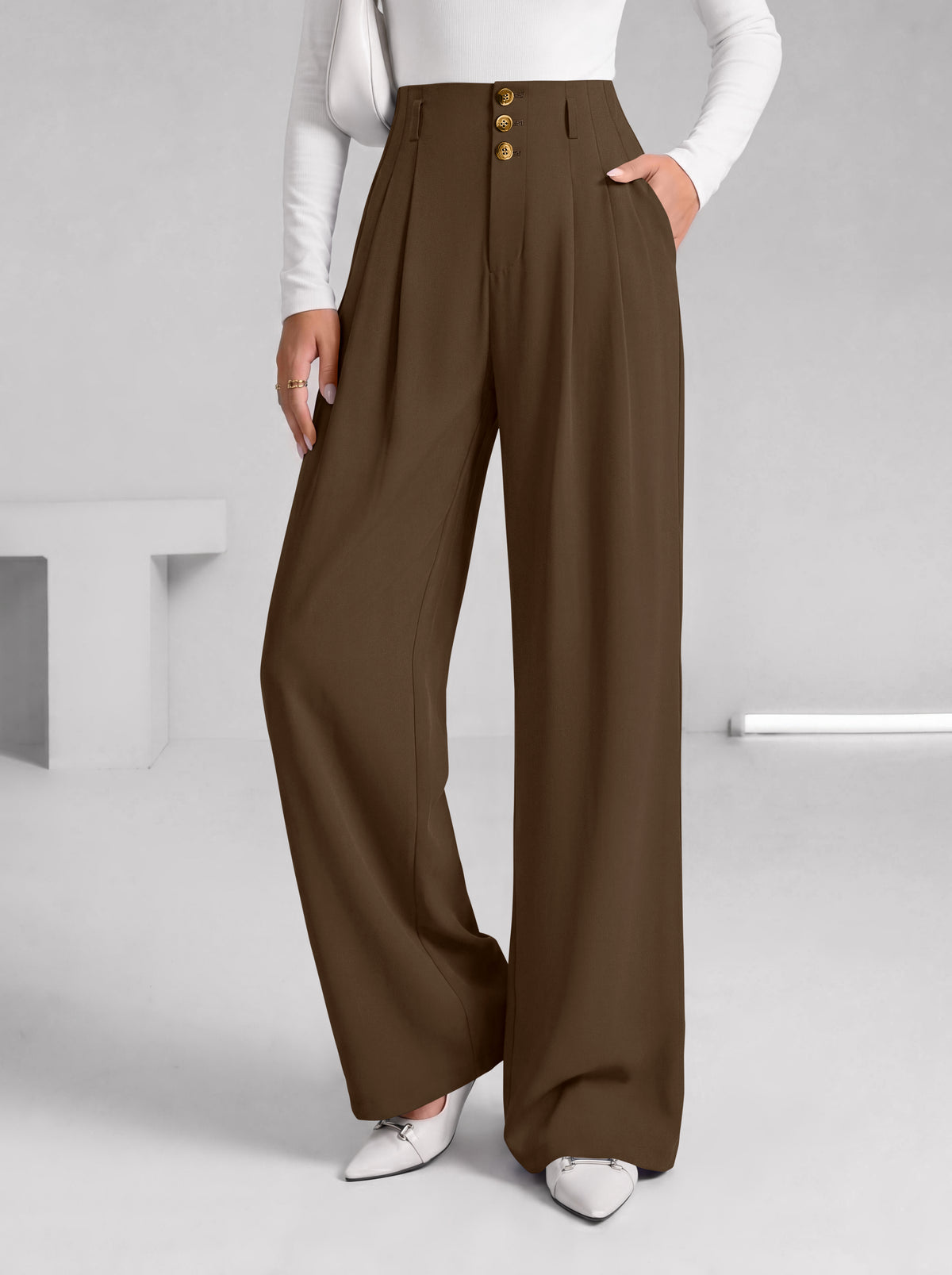 BTFBM Wide Leg Dress Pants Women Business Casual Outfits | Elastic High Waisted Palazzo Pants, Button Zip Up Closure, Pleated Office Work Trousers With Pockets, Fall Fashion 2026