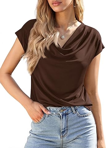BTFBM Blouses for Women Dressy Casual Spring Summer Tops 2026 Cowl Neck Short Sleeve Shirts Work Office Business Outfits