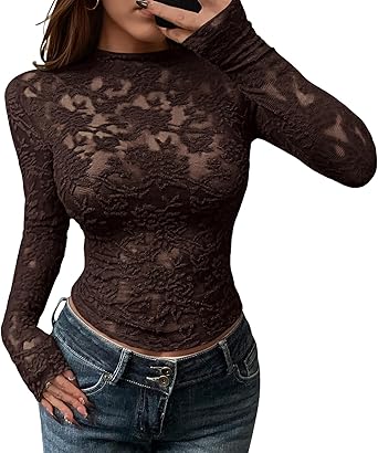 BTFBM Mesh Long Sleeve Tops for Women Lace Sexy Sheer Tight See Through Crew Neck Spring Fall 2026 Party Club Outfits
