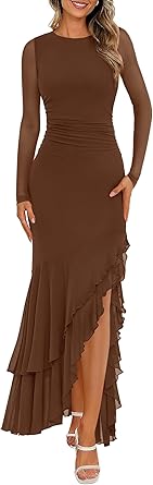 BTFBM Women's Maxi Dresses Spring 2026 Long Sleeve Ruched Bodycon Solid Ruffle Mermaid Cocktail Wedding Guest Dress