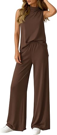 BTFBM Summer 2 Piece Lounge Sets For Women Sleeveless Mock Neck Top Wide Leg Pants Airport Travel Beach Vacation Outfits