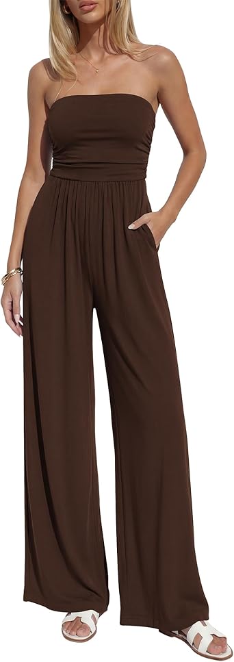 BTFBM Jumpsuits For Women Summer 2026 Beach Vacation Strapless Tube Top Jumpsuit Ruched Casual Wide Leg Pant Rompers
