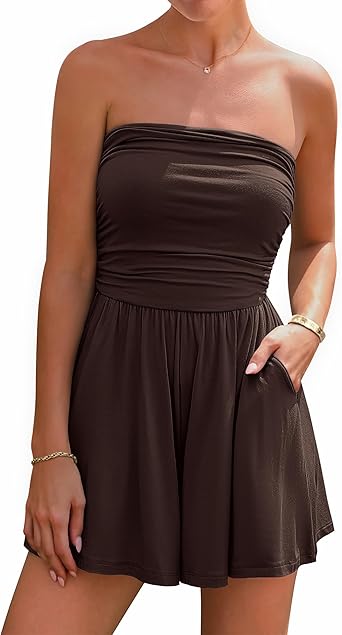 BTFBM Womens Romper 2026 Spring Summer Strapless Tube Tops Beach Vacation Clothes Boho Loose Shorts Jumpsuits Pockets