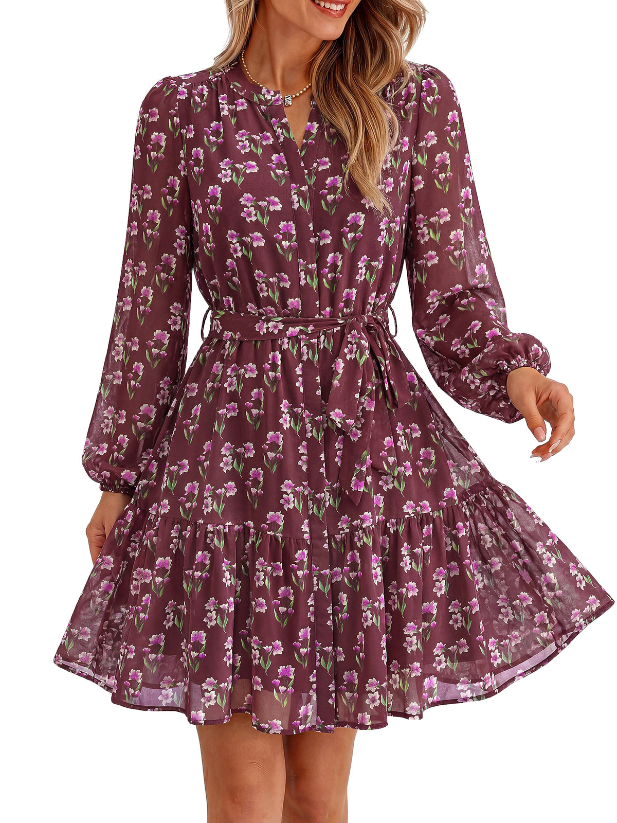 BTFBM Womens Dresses Fall Chiffon Floral V Neck Long Sleeve Mini Dress  | Hidden Button Down, Flowy A Line Boho Casual Dress, Fashion Clothing 2026, Cocktail Party Holiday Wedding Guest Dresses