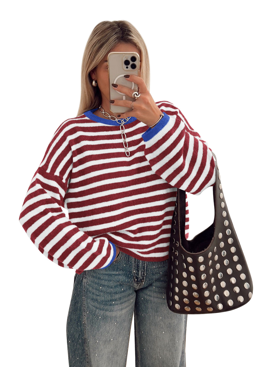 BTFBM Women's Lightweight Oversized Striped Sweater | Soft Knit Cozy Sweaters, Crew Neck Long Sleeve Pullover, y2k Color Block, Casual Holiday Outfits, Winter Fall Clothes 2026