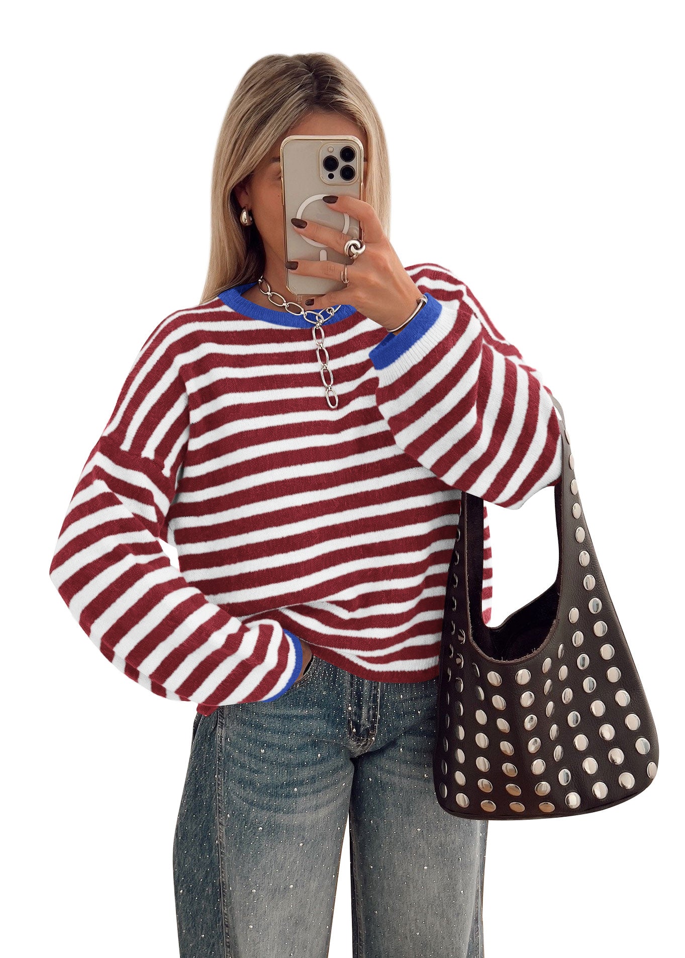 BTFBM Women's Lightweight Oversized Striped Sweater | Soft Knit Cozy Sweaters, Crew Neck Long Sleeve Pullover, y2k Color Block, Casual Holiday Outfits, Winter Fall Clothes 2026