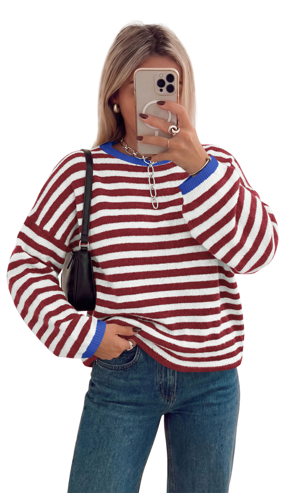 BTFBM Women's Lightweight Oversized Striped Sweater | Soft Knit Cozy Sweaters, Crew Neck Long Sleeve Pullover, y2k Color Block, Casual Holiday Outfits, Winter Fall Clothes 2026