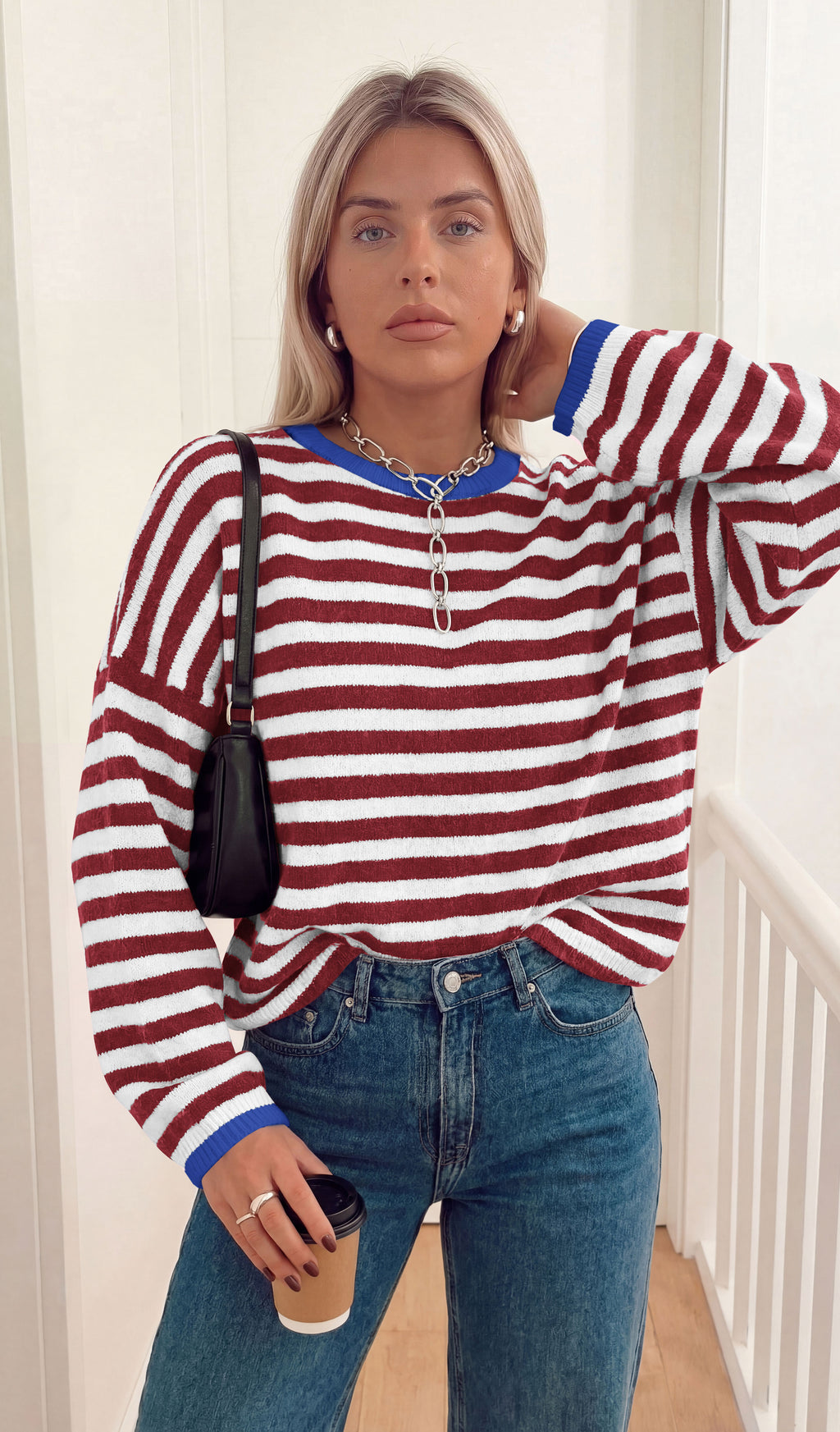 BTFBM Women's Lightweight Oversized Striped Sweater | Soft Knit Cozy Sweaters, Crew Neck Long Sleeve Pullover, y2k Color Block, Casual Holiday Outfits, Winter Fall Clothes 2026