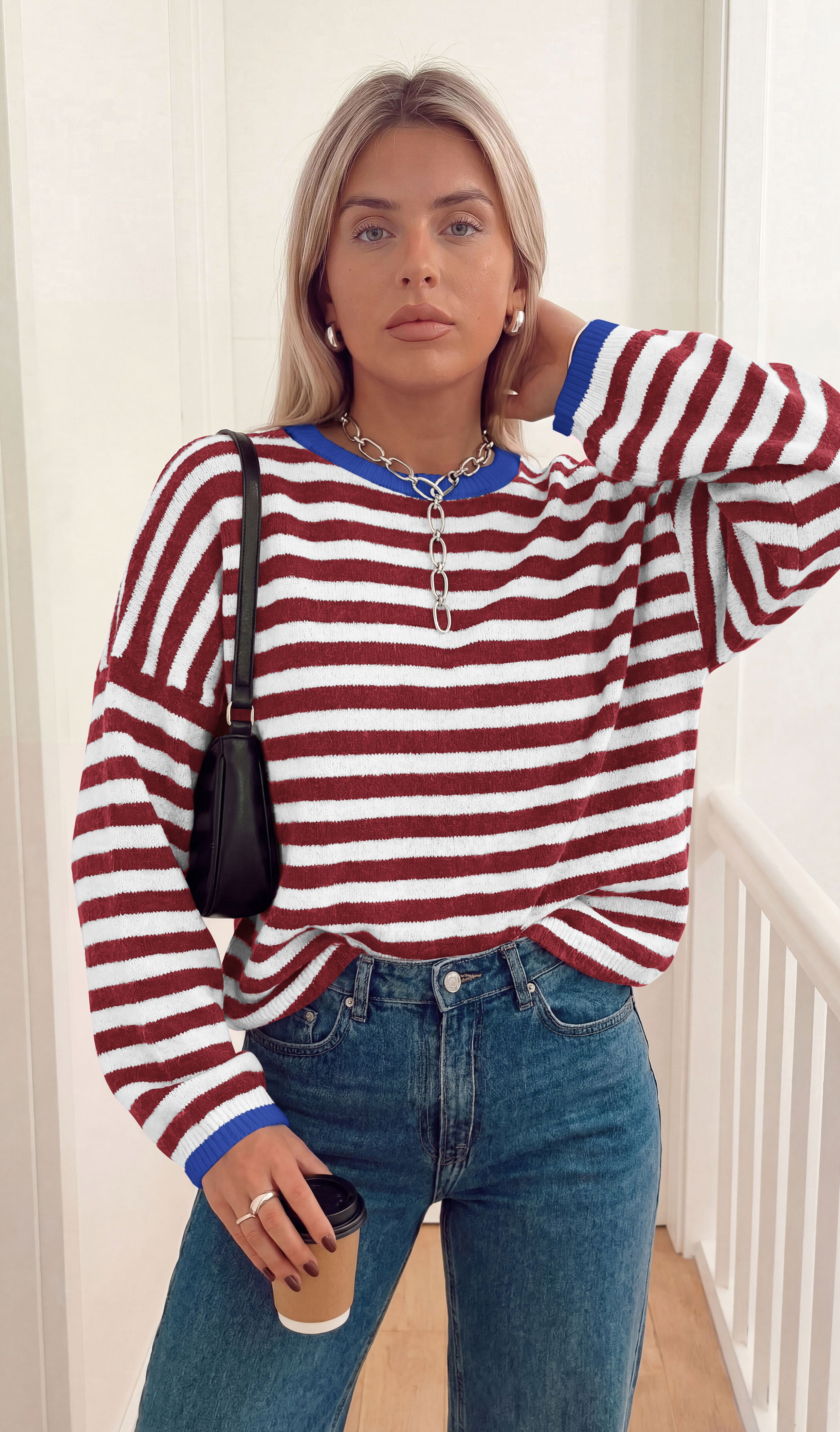 BTFBM Women's Lightweight Oversized Striped Sweater | Soft Knit Cozy Sweaters, Crew Neck Long Sleeve Pullover, y2k Color Block, Casual Holiday Outfits, Winter Fall Clothes 2026