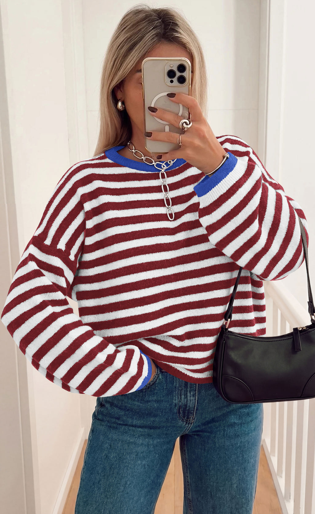 BTFBM Women's Lightweight Oversized Striped Sweater | Soft Knit Cozy Sweaters, Crew Neck Long Sleeve Pullover, y2k Color Block, Casual Holiday Outfits, Winter Fall Clothes 2026