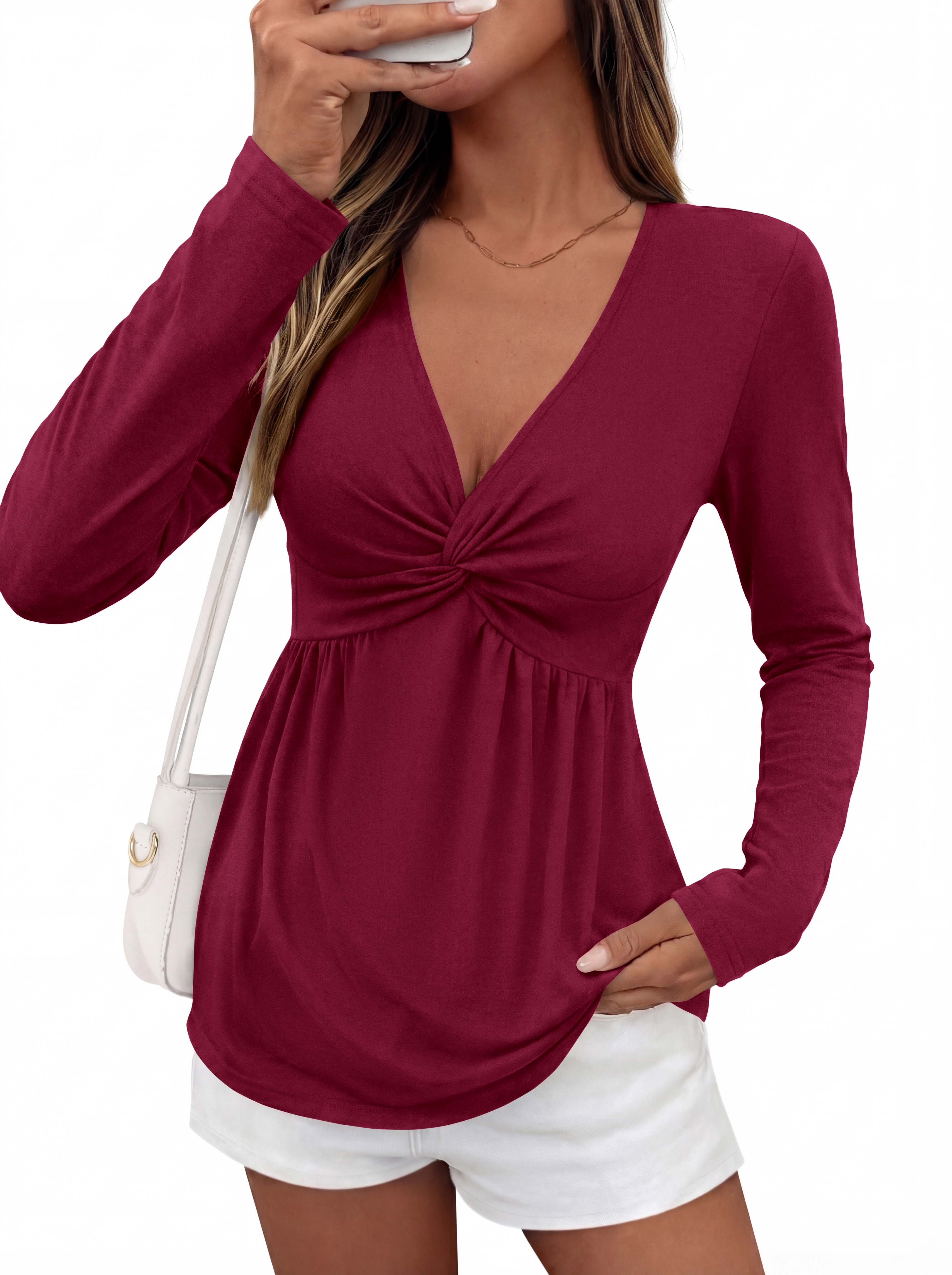 BTFBM Babydoll Tops for Women 2026 Fall Fashion Twist Front V Neck Flowy Long Sleeve Blouses Dressy Casual Peplum Tops