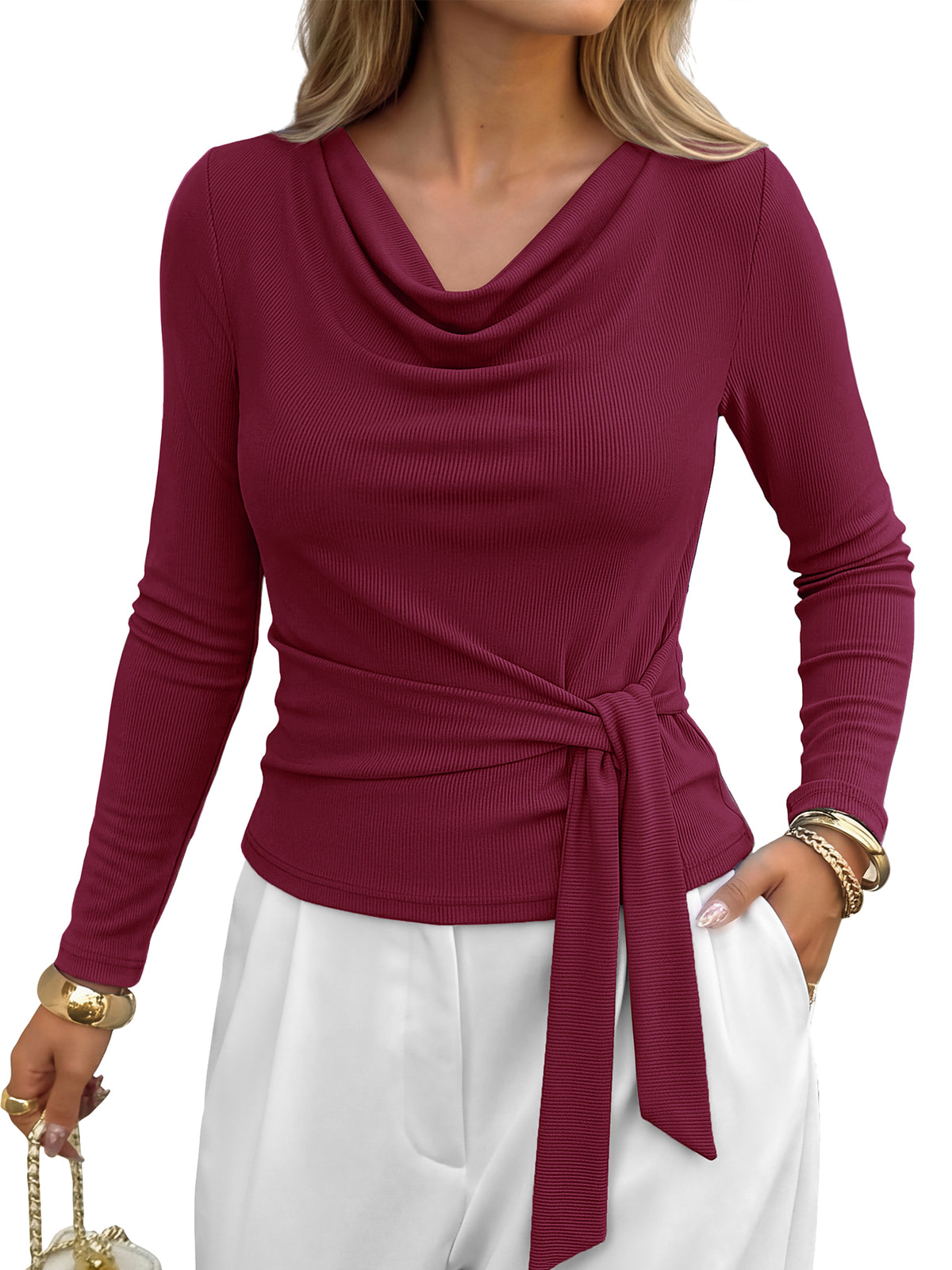 BTFBM Fall Tops for Women Tie Waist Wrap Blouses Business Casual Outfits