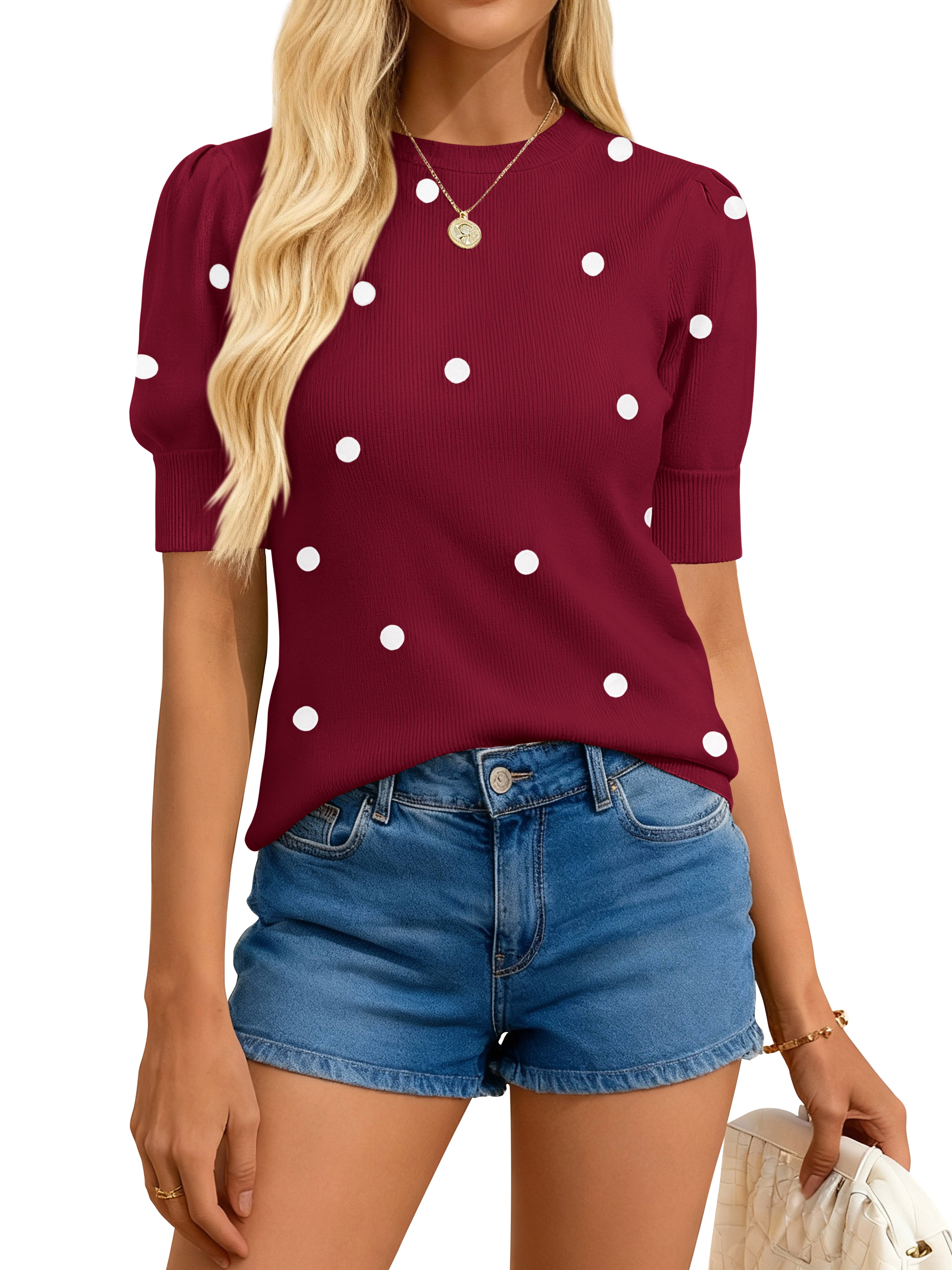 BTFBM Womens Sweaters Polka Dot Short Sleeve Sweater for Women Crew Neck Knit Summer Tops Business Dressy Casual Blouses