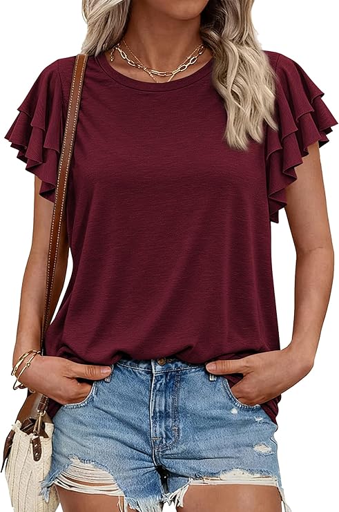 BTFBM Summer Tops for Women 2026 Crew Neck Ruffle Short Sleeve Shirts Loose Tunic Casual Spring Blouses