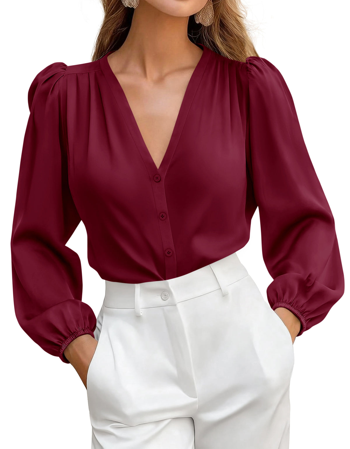 BTFBM Satin Blouses for Women Dressy Casual Button Down Shirts | Lightweight Silk Formal Tops, V Neck Lantern Long Sleeve Shirt, Office Work Business Casual Outfits, Fall Clothes 2026 Trendy