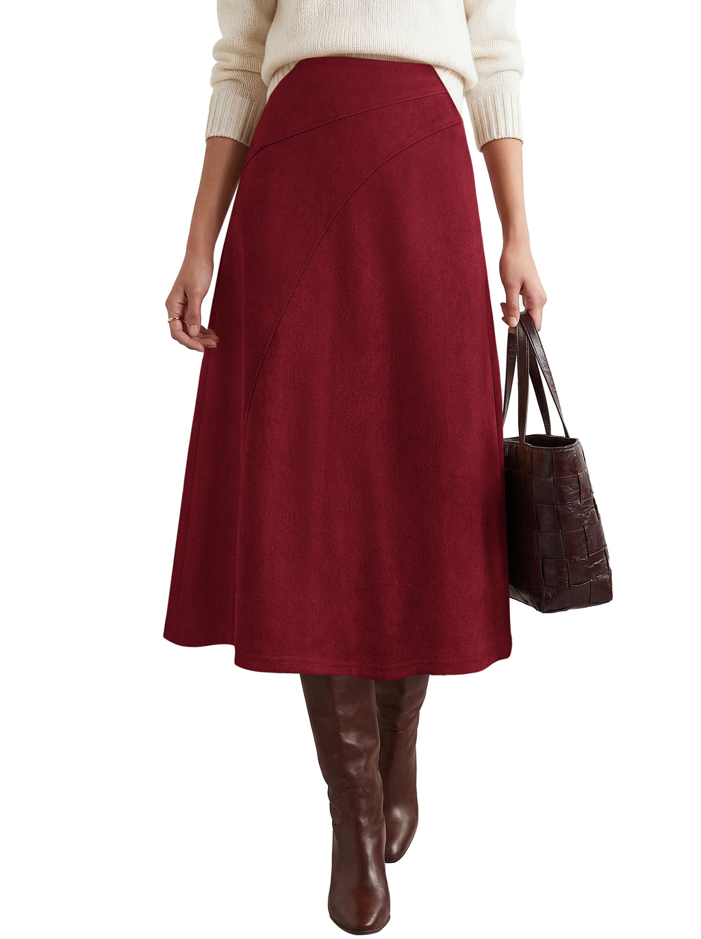 BTFBM Women Faux Suede Midi Long Skirt Fall Fashion 2026 | High Waisted Skirts For Women Trendy, Lightweight, Back Elastic, Arc Line Design, A-Line, Winter Dress, Boho Western Outfits
