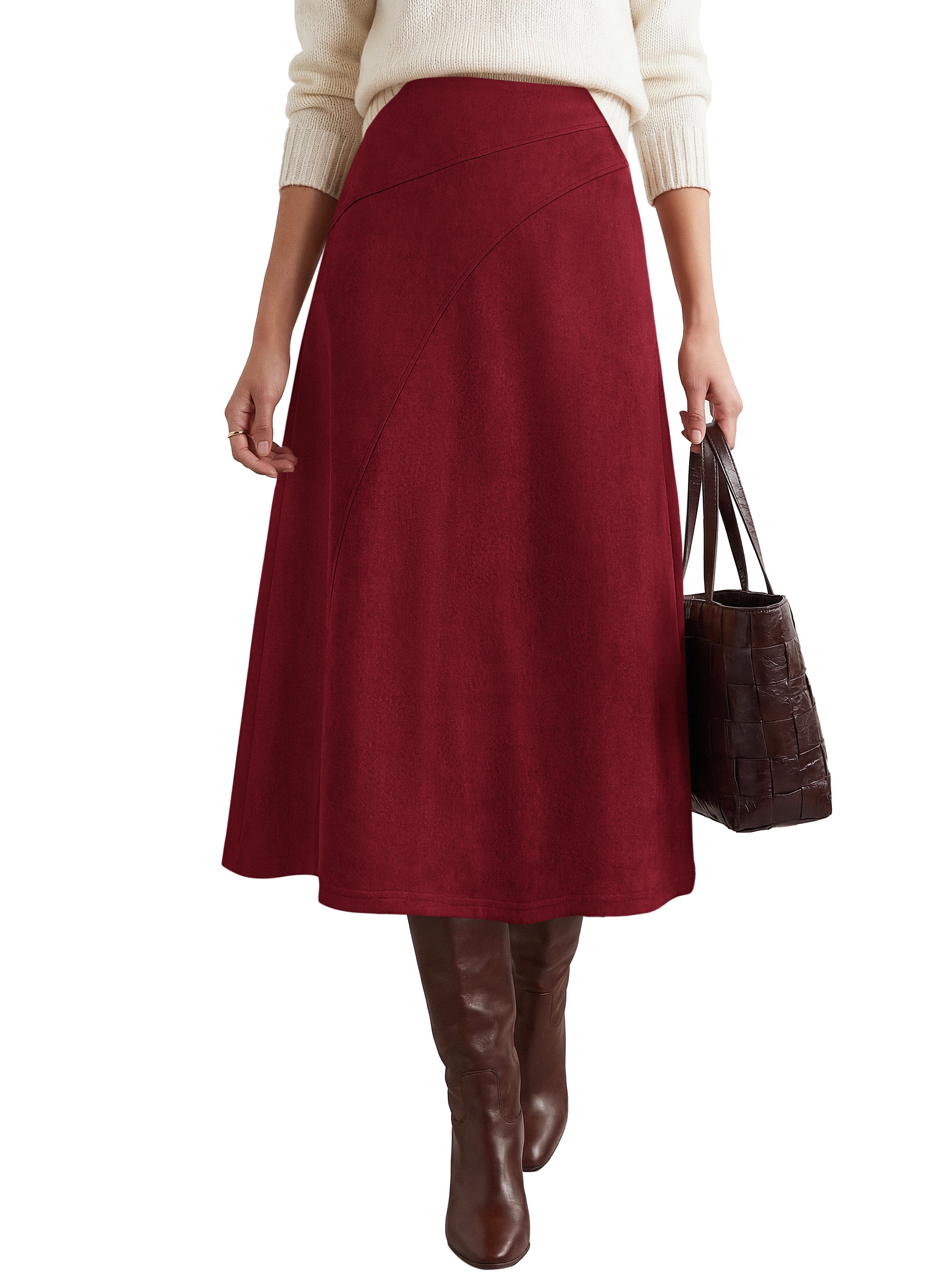 BTFBM Women Faux Suede Midi Long Skirt Fall Fashion 2026 | High Waisted Skirts For Women Trendy, Lightweight, Back Elastic, Arc Line Design, A-Line, Winter Dress, Boho Western Outfits