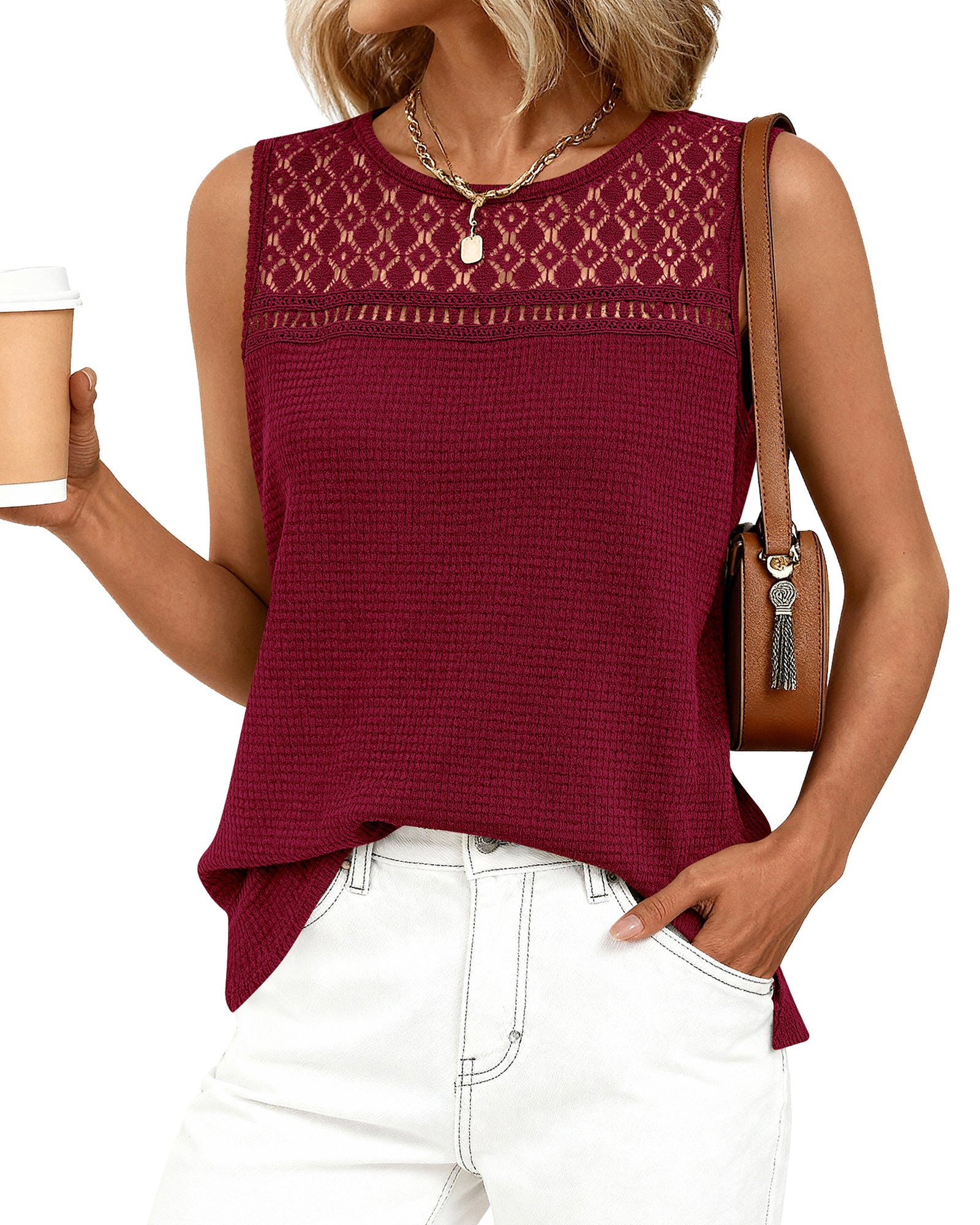 BTFBM Tank Top for Women 2026 Sleeveless Shirts Waffle Knit Vest Crew Neck Casual Outfits Loose Blouses Summer Tops