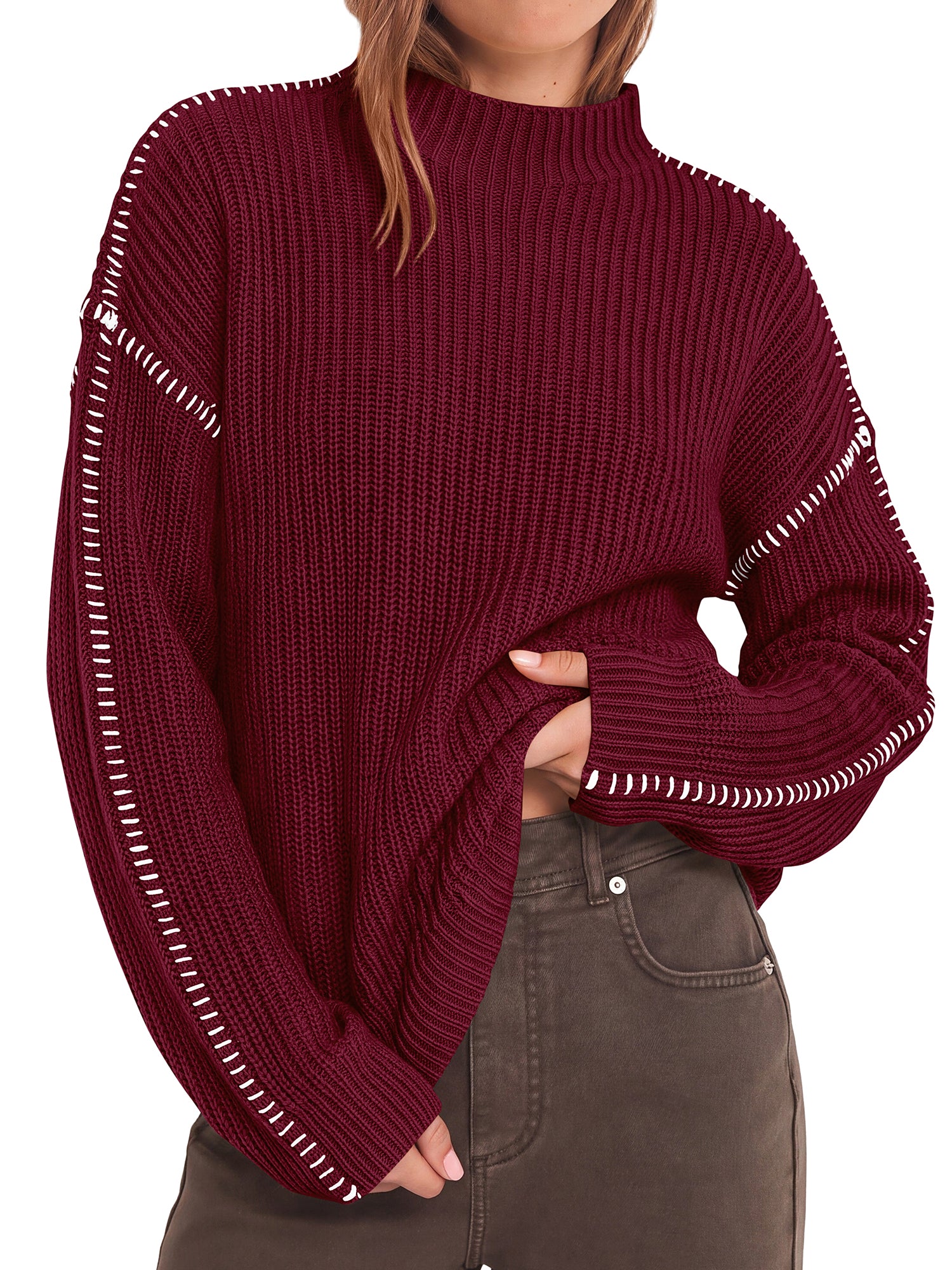 BTFBM Womens Oversized Sweaters Contrast Chunky Knit Sweater  Loose Fit Mock Neck Long Sleeve Tops, Soft Cozy Knitwear, Fall Fashion 2026, Casual Winter Clothing, Daily Going Out Outfits