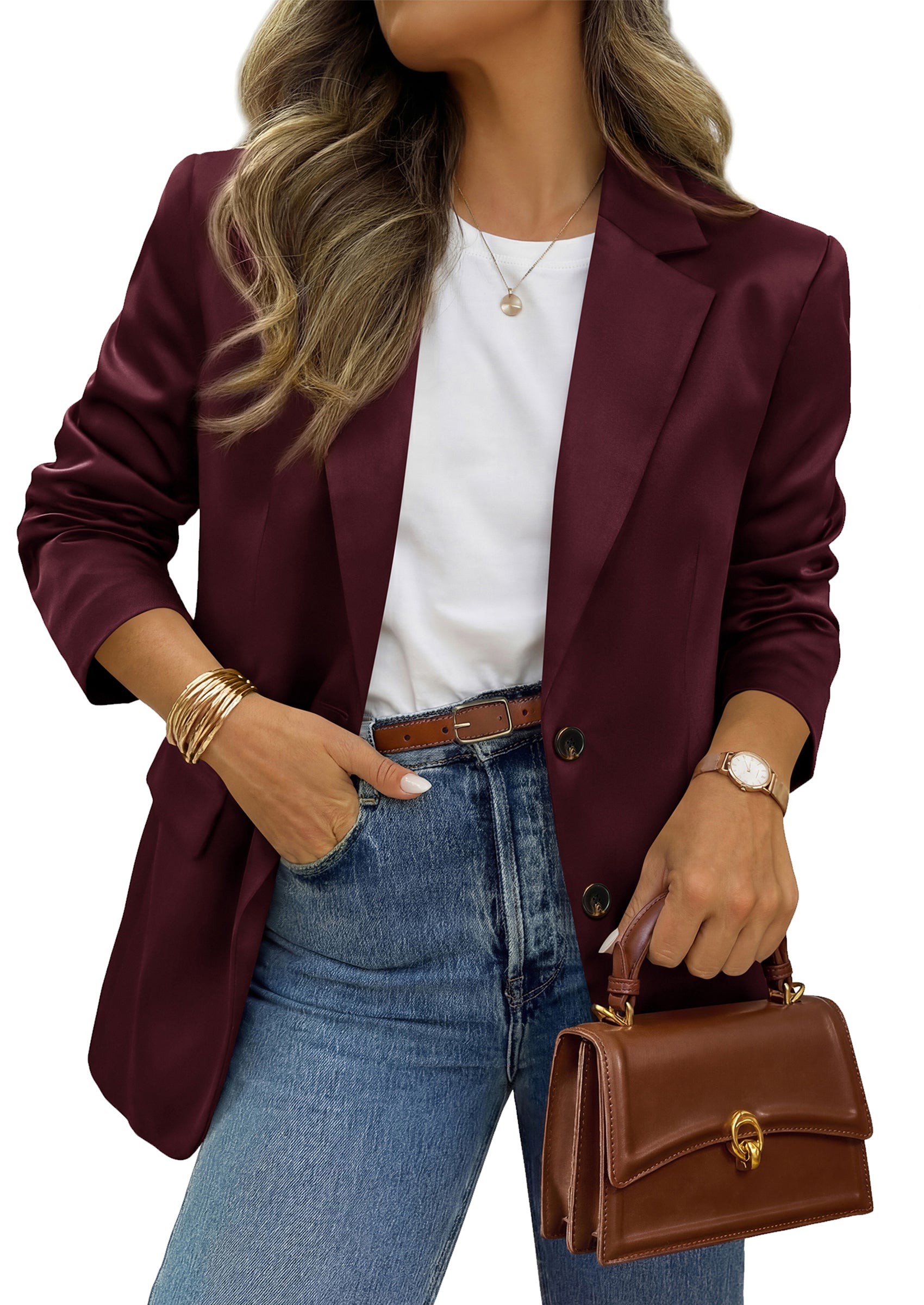 BTFBM Satin Long Sleeve Blazers for Women 2026 Work Office Suit Jackets with Pockets,Business Casual Outfits,Fall Winter