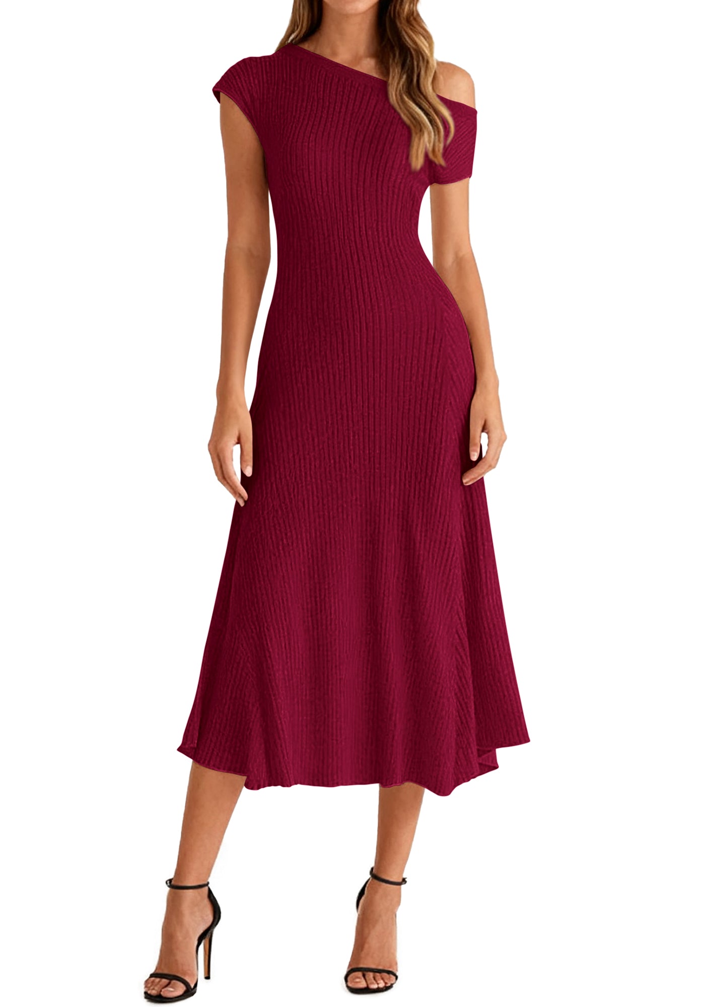 BTFBM Womens Spring Dresses 2026 Asymmetrical Neck Short Sleeve Pleated Swing Knit Midi Dress Business Casual