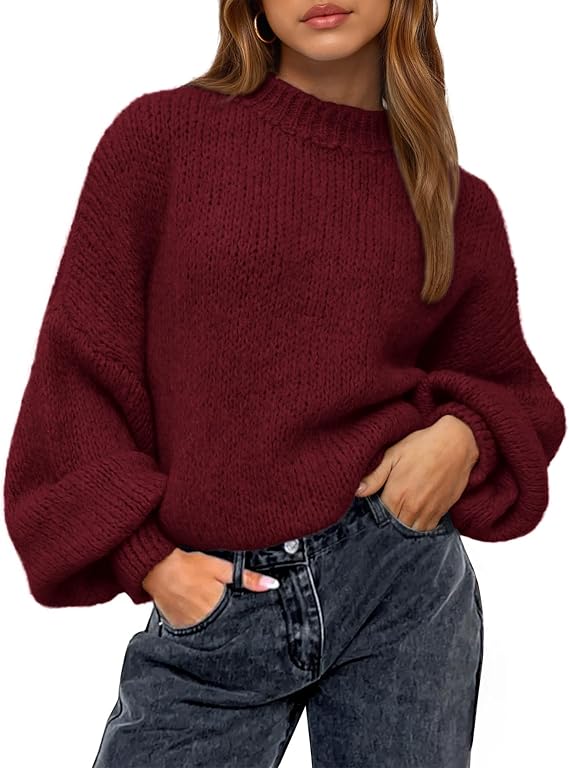 BTFBM Sweaters For Women Crew Neck Lantern Sleeve Oversized Sweater  Knit Tops, Loose Fit Pullover, Early Spring Fall Winter Womens Clothing Trendy 2026, Daily Wear, Casual Outfits