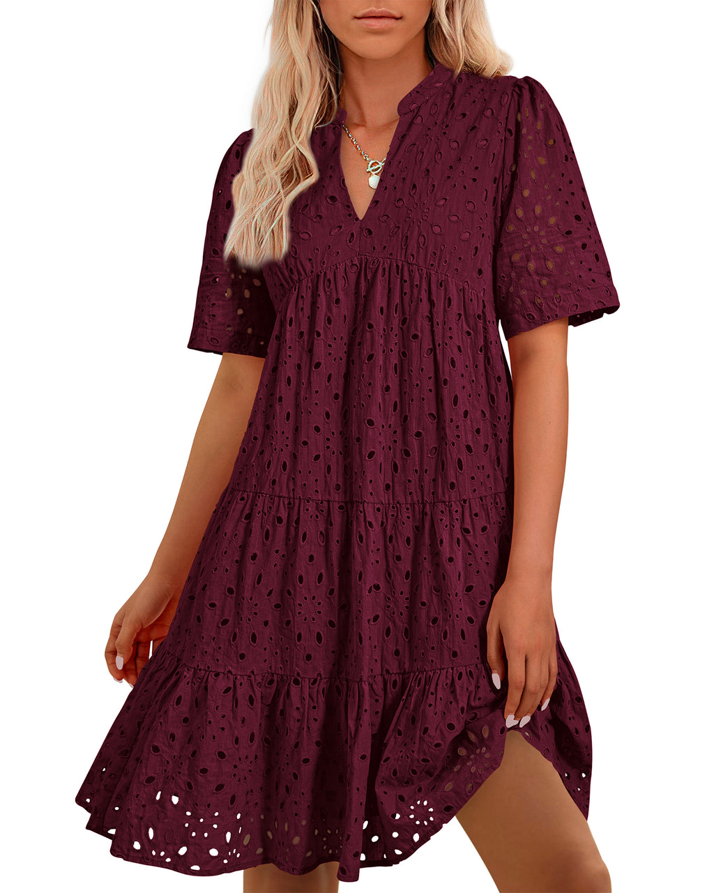 BTFBM Womens Boho Summer Dresses 2026 Spring V Neck Short Sleeve Hollow Out Lace Ruffle Casual Beach Mini Vacation Dress
