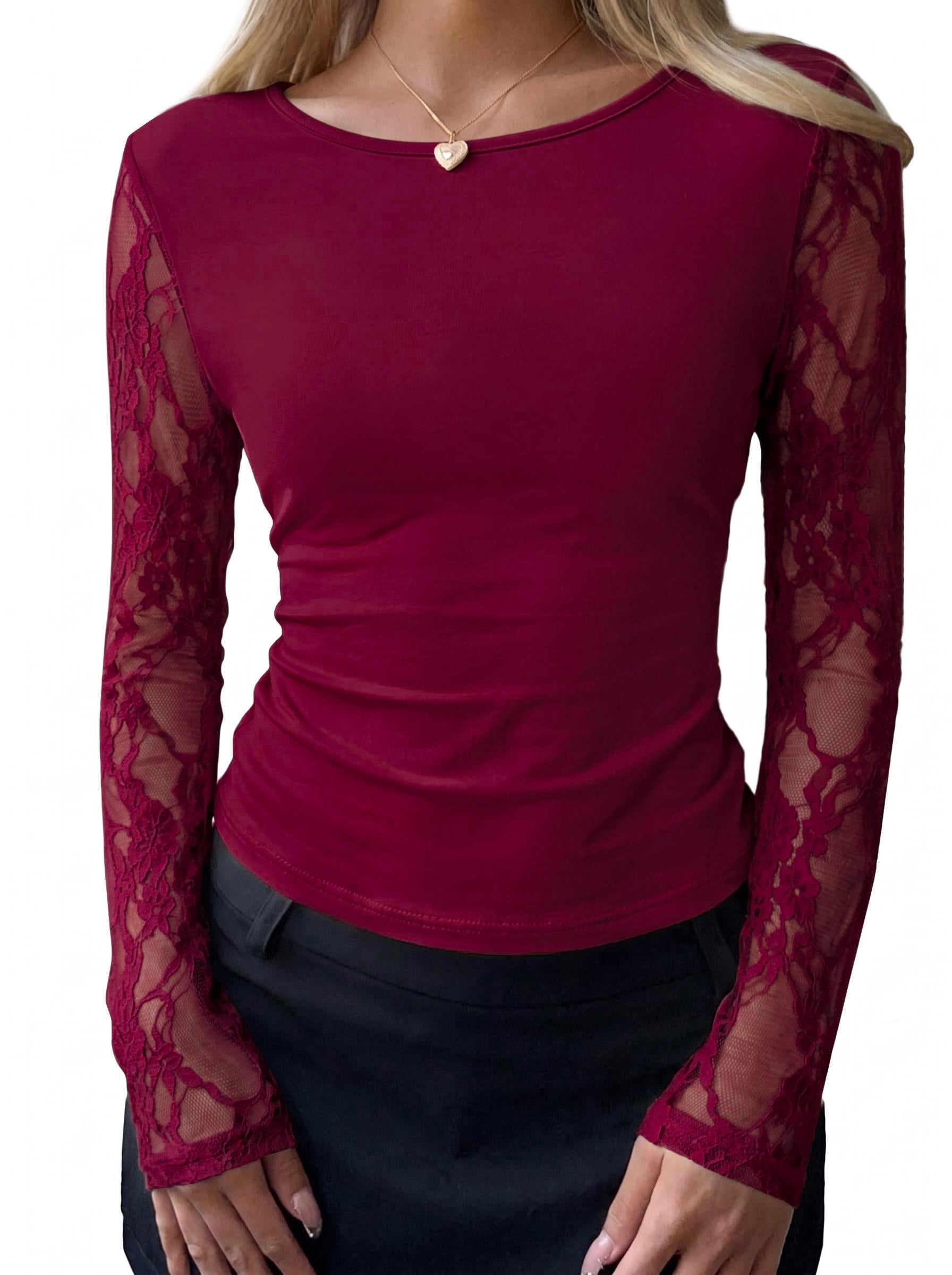 BTFBM Fall Tops for Women 2026 Sheer Lace Long Sleeve Top Slim Fit Blouses