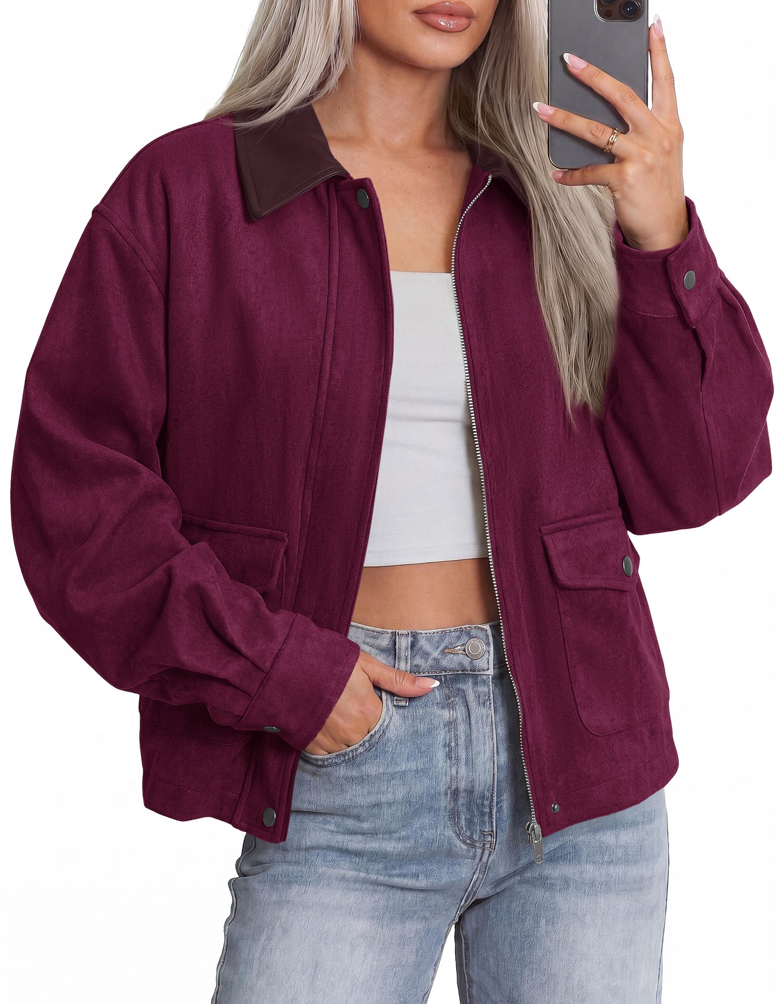 BTFBM Faux Suede Jacket Women Leather Lapel Zip Up Fall Outfits 2026