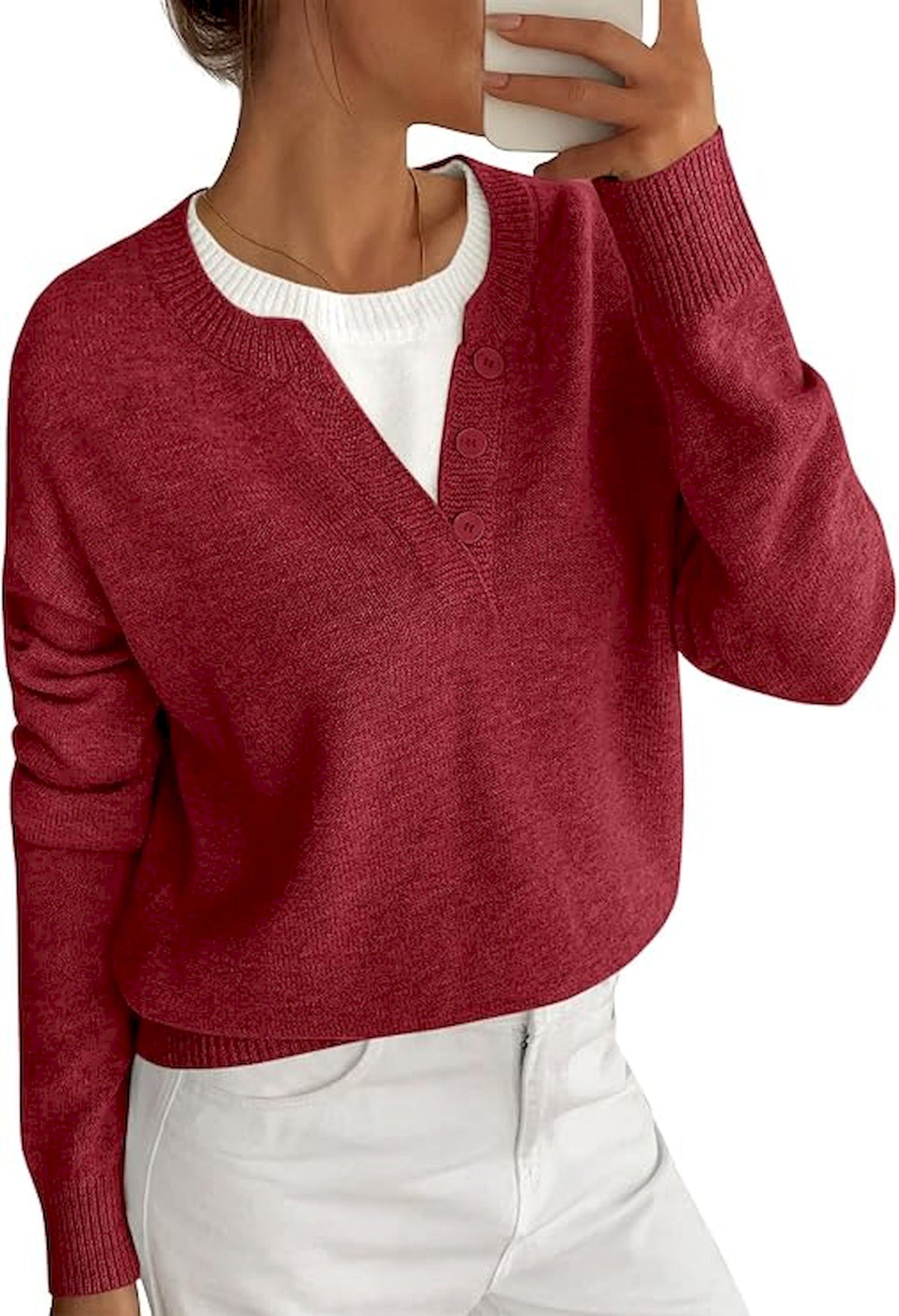 BTFBM Women Long Sleeve Crew Neck Sweaters  Tops, 2 in1 Knitted Pullover, Deco Buttons, Oversized, Stretchy, Vacation, Business Casual Outfits, Fall Winter Trendy 2026