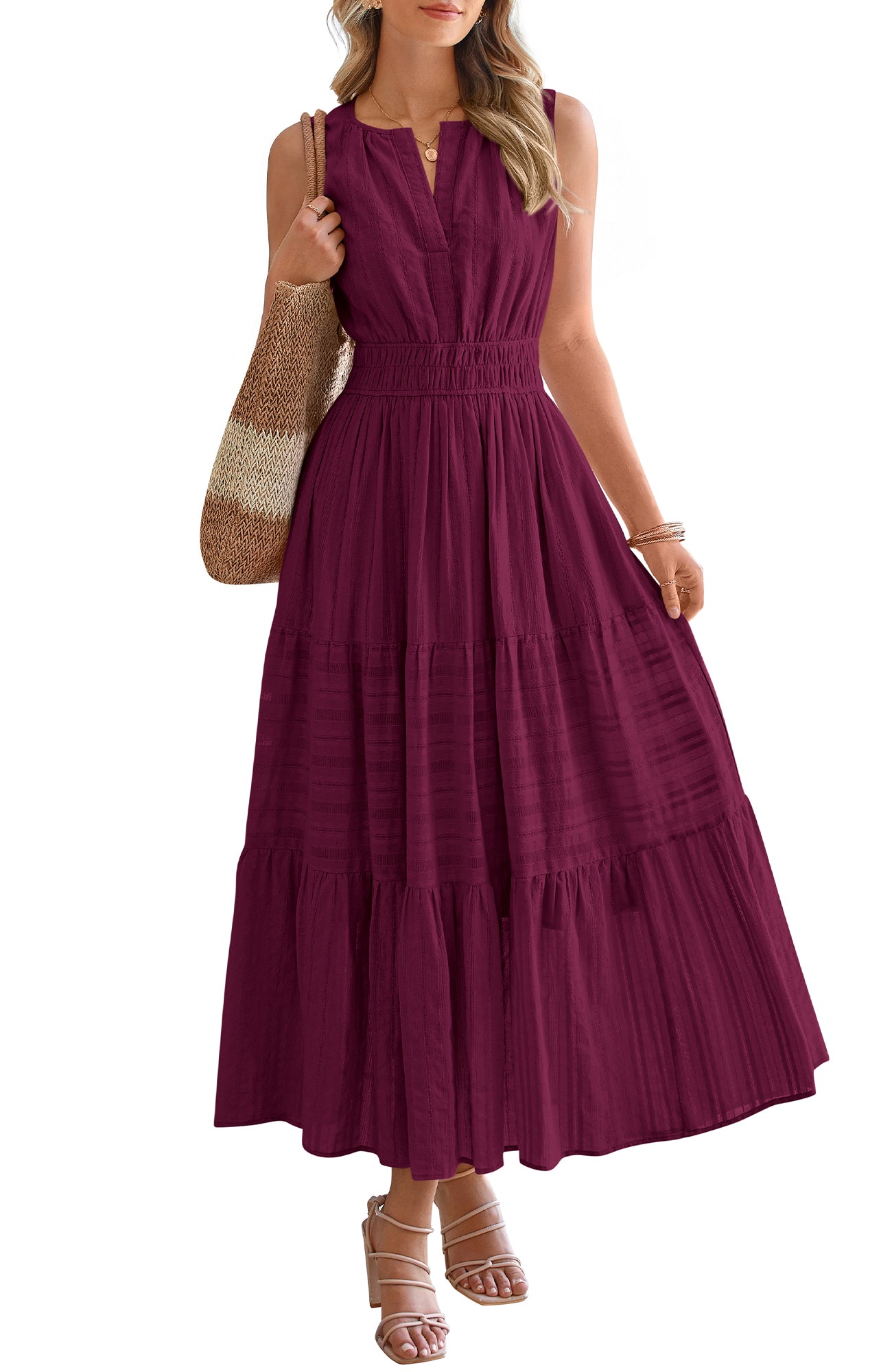 BTFBM Summer Dresses for Women 2026 Sleeveless Boho V Neck A Line Flowy Spring Casual Maxi Dress Beach Vacation Pockets