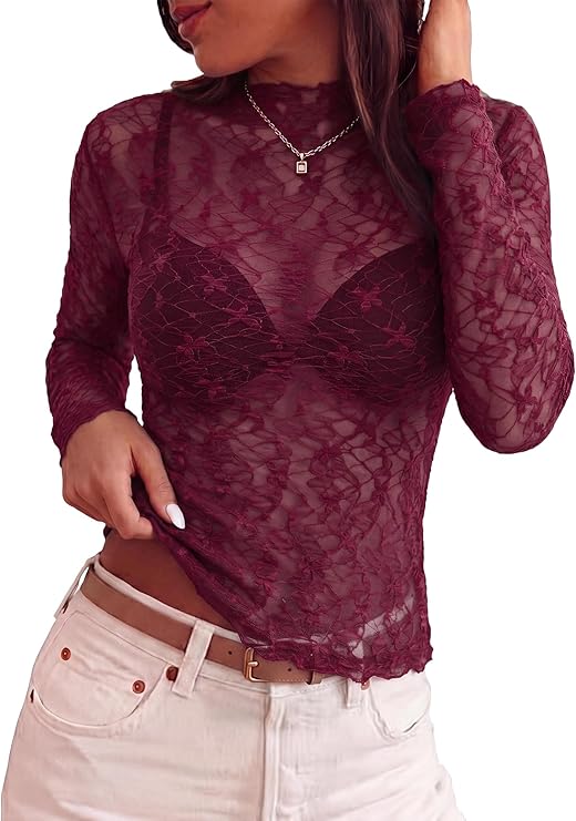BTFBM Womens Tops Sheer See Through Lace Mock Neck Mesh Blouses | Slim Fit, Long Sleeve, Blouses For Women Dressy Casual, Floral Pattern, Fall Fashion, Sexy, Vacation Outfits For Women